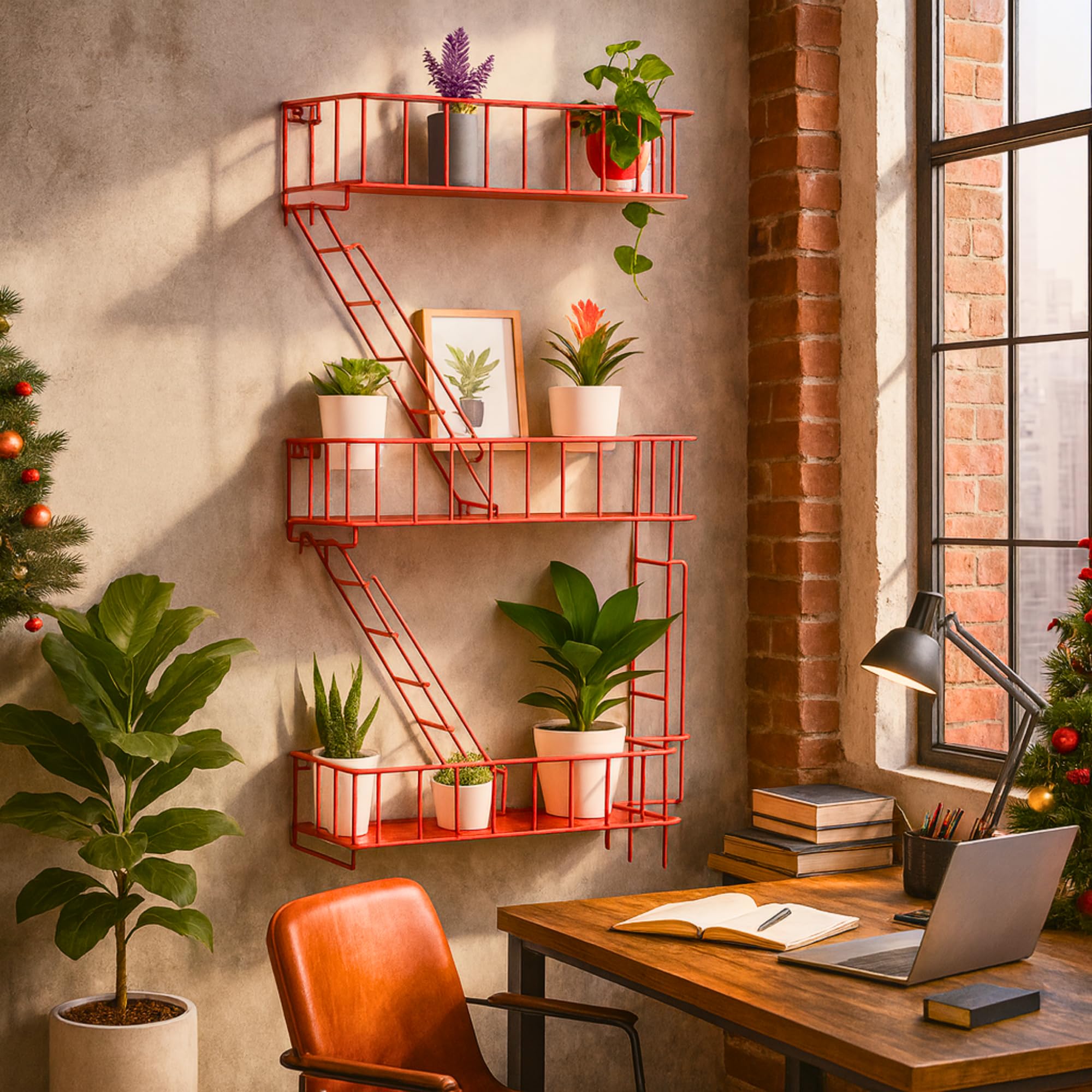 Fire Escape Wall Shelf with Baskets, 3-Tier Metal Fire Escape Ladder Shelf Wall Organizer, New York Inspired Decorative Shelf, Black Floating Action Figurine Display Shelves for Bedroom, Home Décor