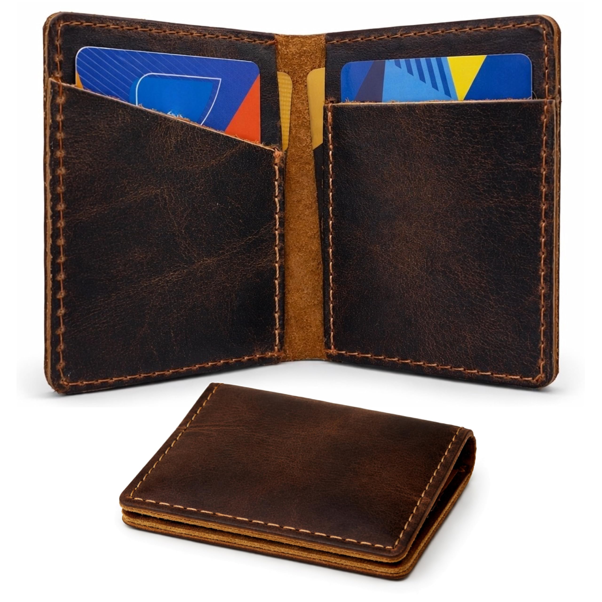 Leather Bifold Card Holder Wallet for Men & Women – Slim Minimalist Front Pocket Credit Card Wallet, Compact Leather Credit Card Case for Travel & Everyday Carry, Gift Box Included - Brown