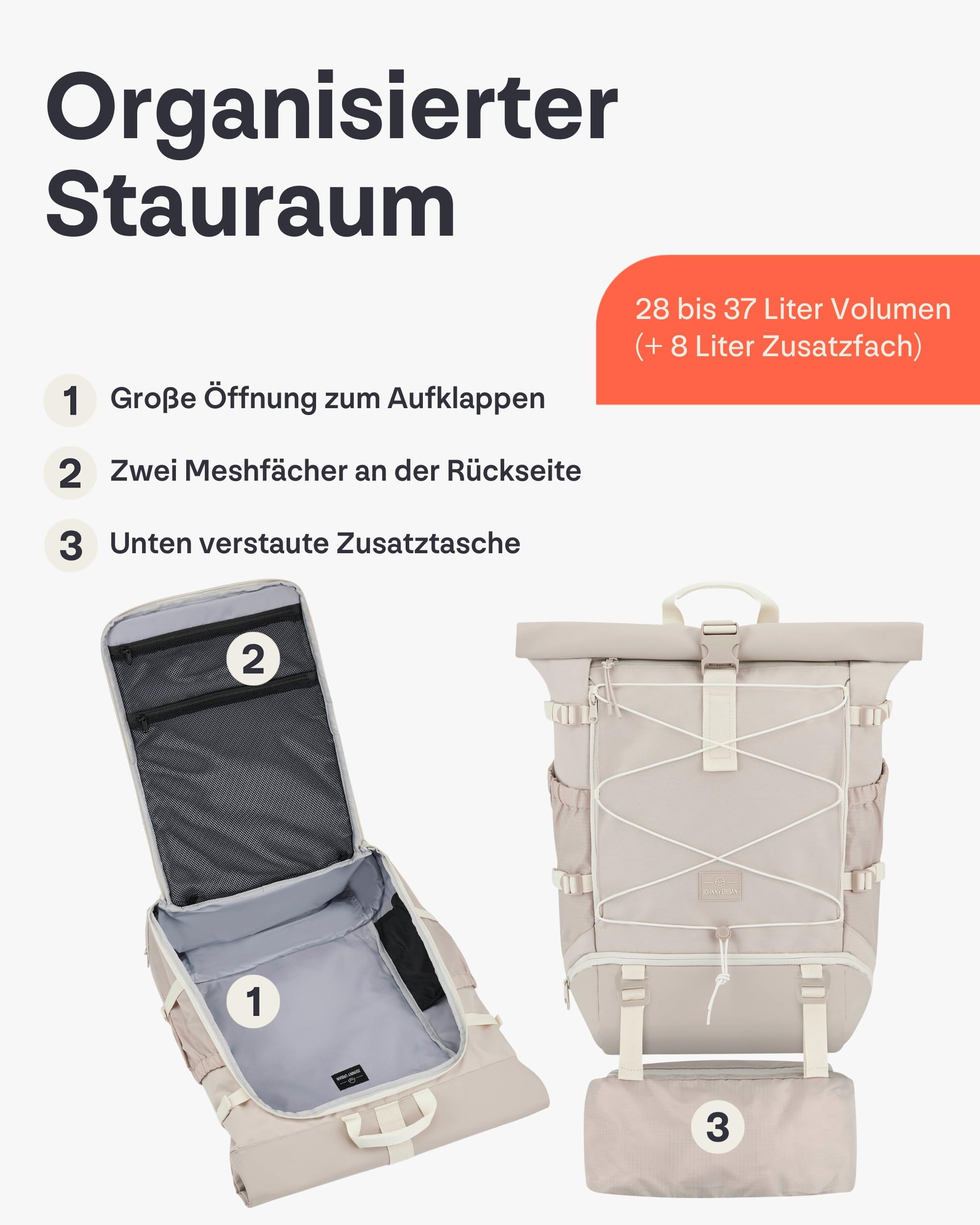 Johnny Urban Reiserucksack Damen & Herren - Allen Travel L - 37L Rolltop Rucksack Groß Handgepäck - Idealer Backpack für Reisen Ausflüge Trips - Wasserabweisend