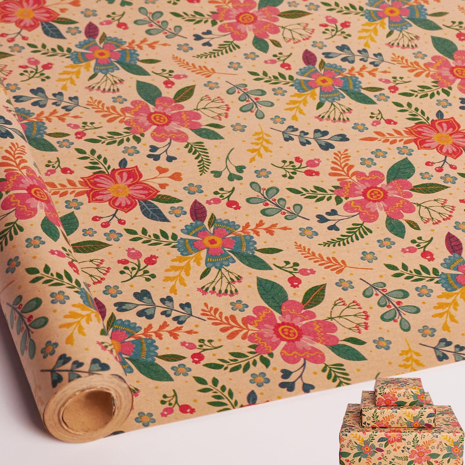 Flower Wrapping Paper Roll,Colourful Floral Wrapping Paper Floral Gift Wrap paper for Birthday,Spring Wedding, Bridal Shower,Tea Party- 43cm x 10m (colourful flower)
