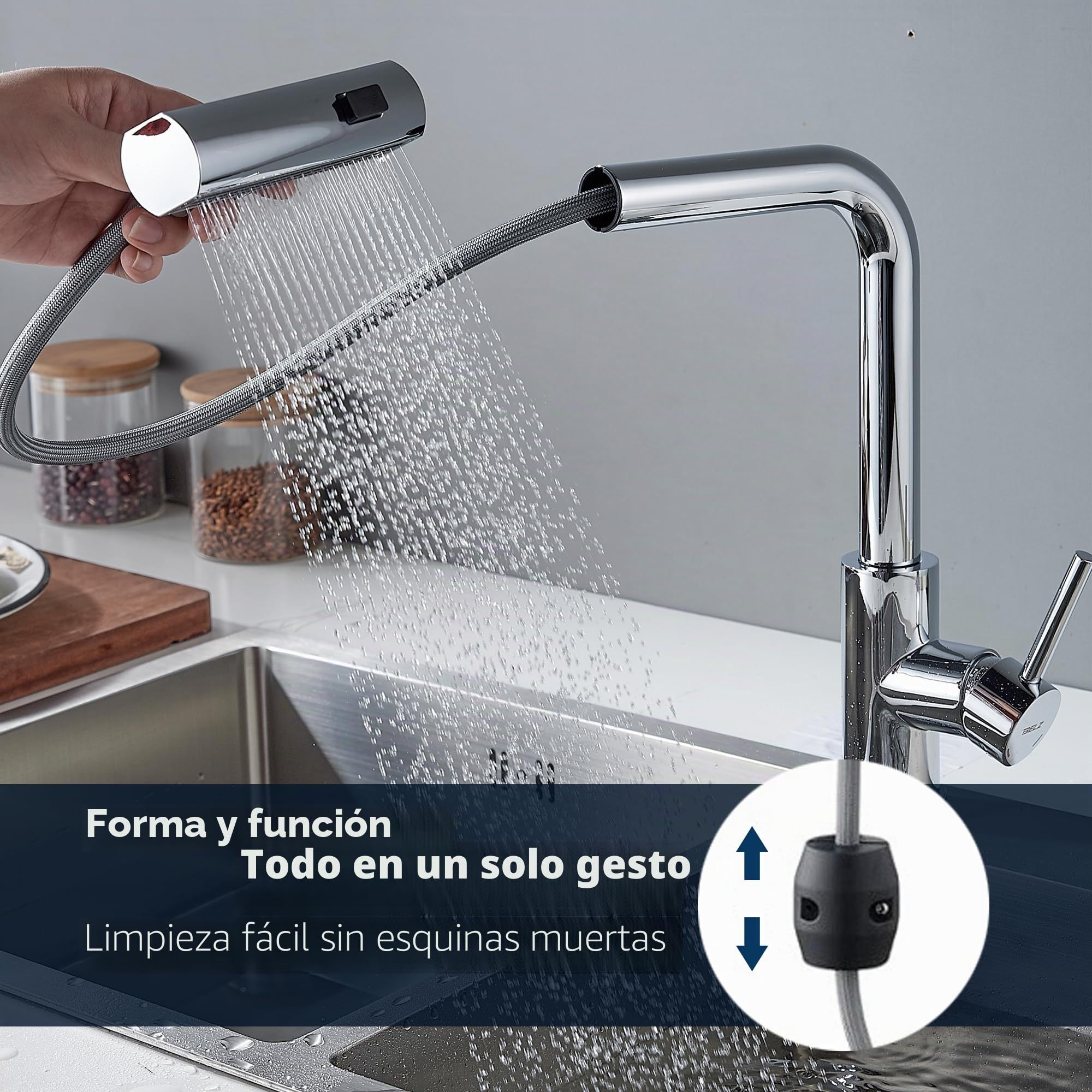 BELZ Grifo Cocina Extraíble, Grifo Cocina con Rociador Extraíble 3 Modos de Agua, Giratorio 360°, Grifo Mezclador Cocina, Acero Inoxidable,Cromo