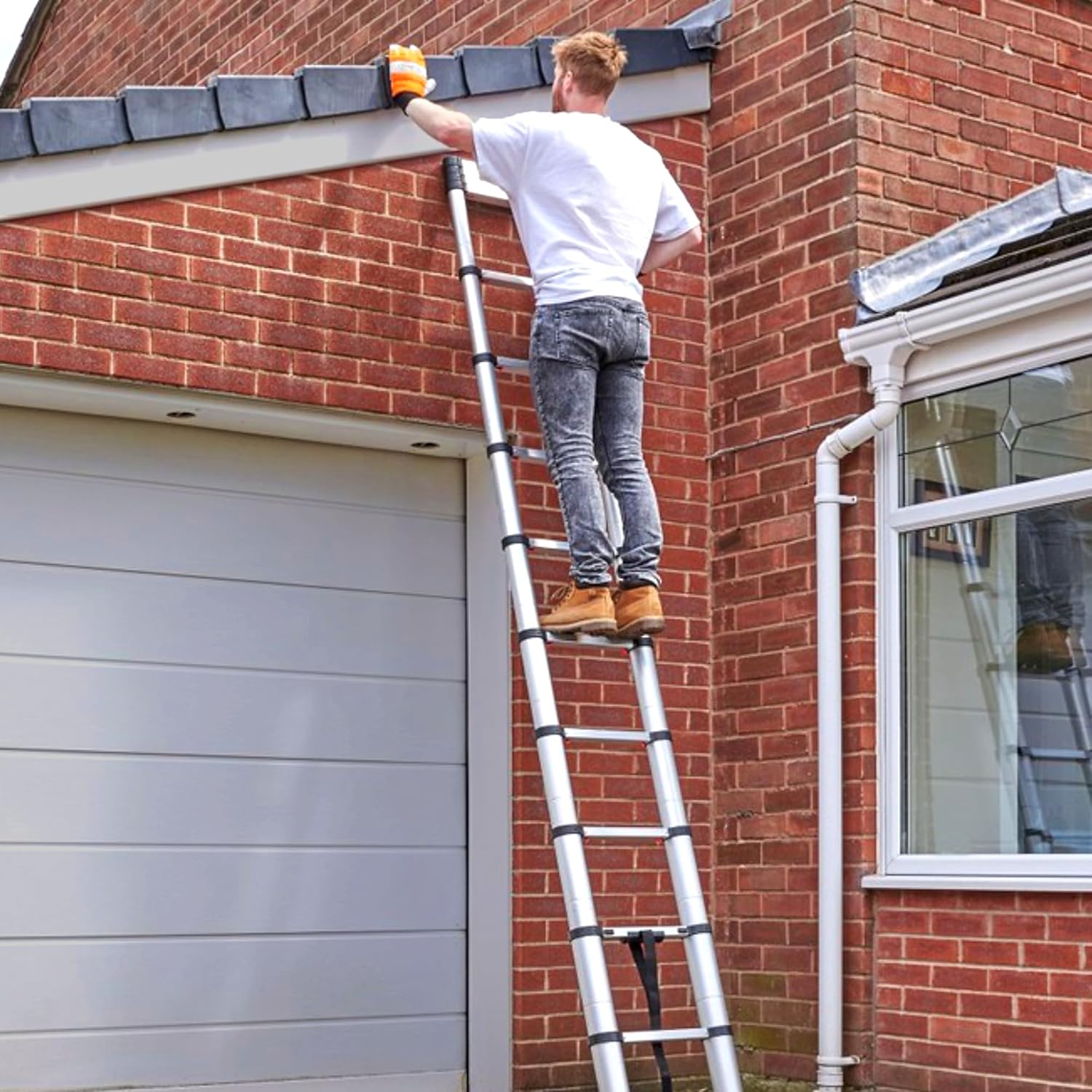 Folding Telescoping Ladder (Black Silver), 12.5 FT Aluminum Extension Ladder Folding Compact Portable Anti-Slip Collapsible Ladders for Home Attic RV Loft Roof