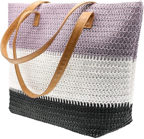 Miniatura 4 de Bolso grande de paja para mujer, tejido de ratán, bolso de playa de verano, a rayas, de color