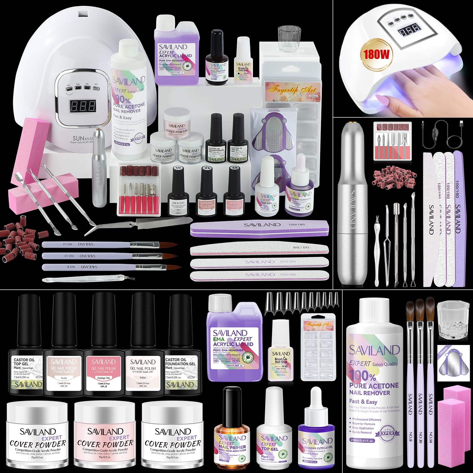 SAVILAND Acrylic Nail Kit with Everything: Professional Nail Kit Acrylic Set for Beginners Acrylic Nail Set with Drill U V Nail Lamp Acrylic Powder and Liquid Set Nail Polish Remover Home Salon