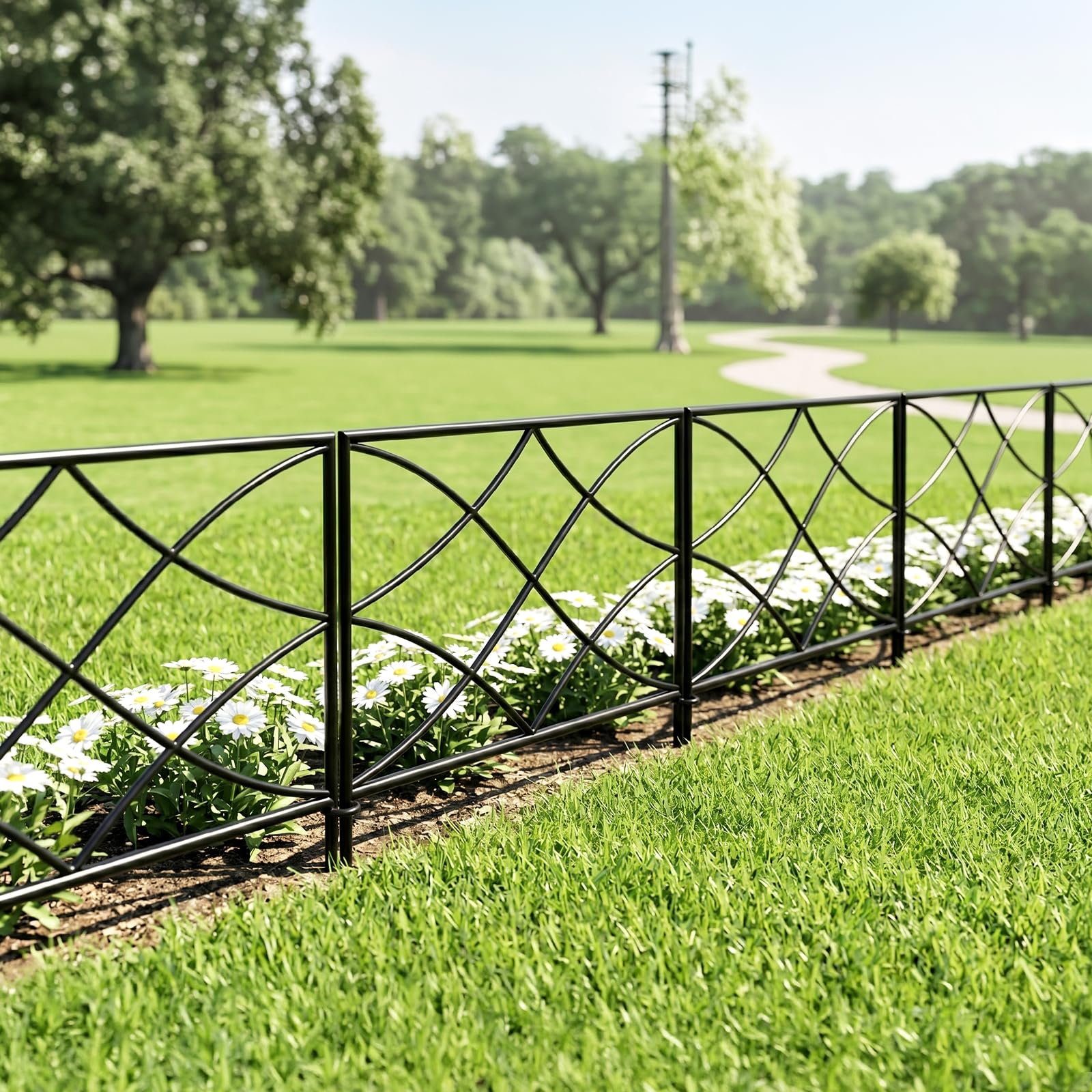 5-Panel Metal Garden Fencing, 40cm High 2.75m Total Length, Decorative Border Edging, Rustproof Wrought Iron Style Panels for Flower Beds, Pathways & Animal Barrier