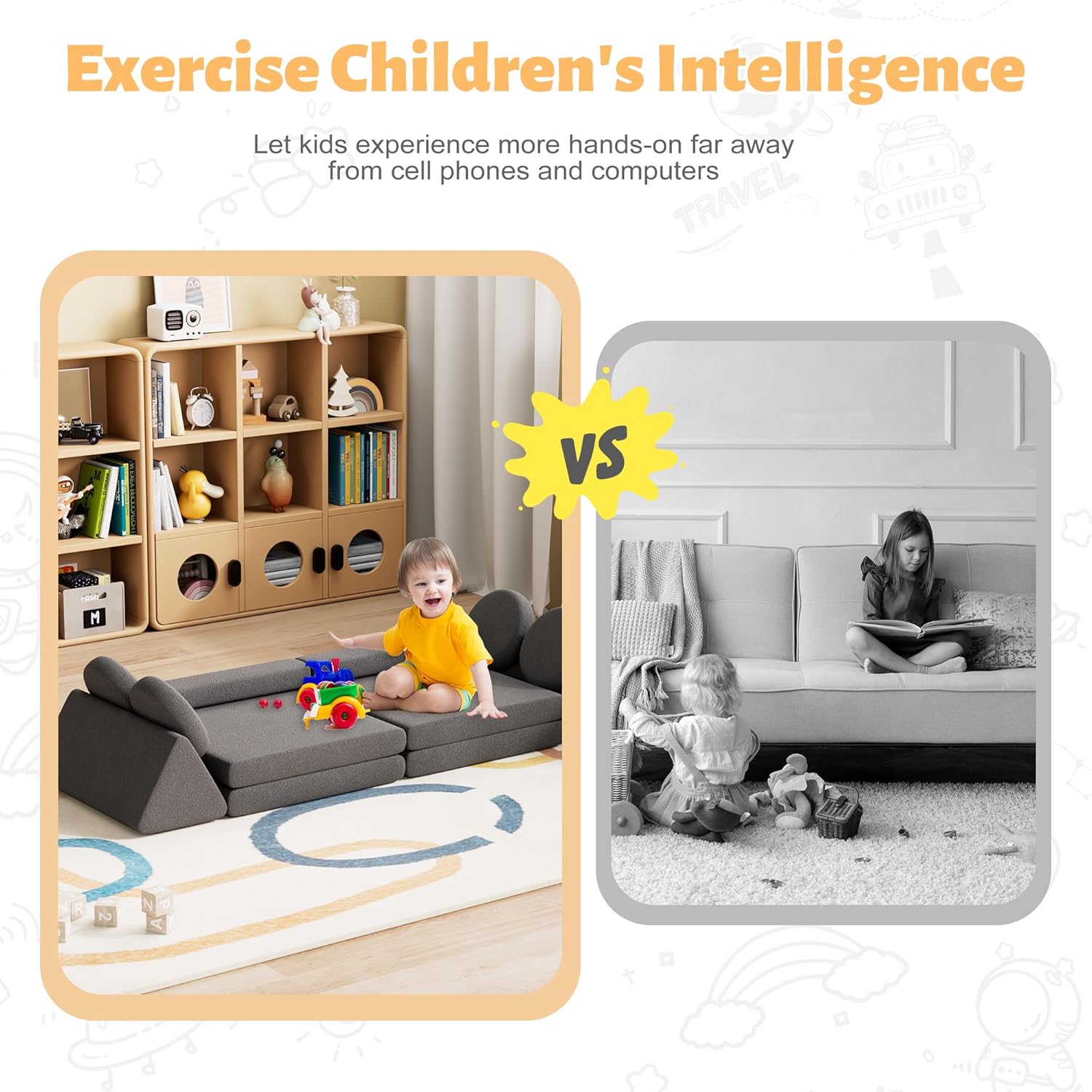 12 PCS Modular Kids Play Block Couch Child Sectional Soft Sofa Toddler Building Fortplay Climbing Bedroom Playroom Baby Convertible Floor Foam Cushion for Boys & Girls (car-Shaped-Dark-Grey)