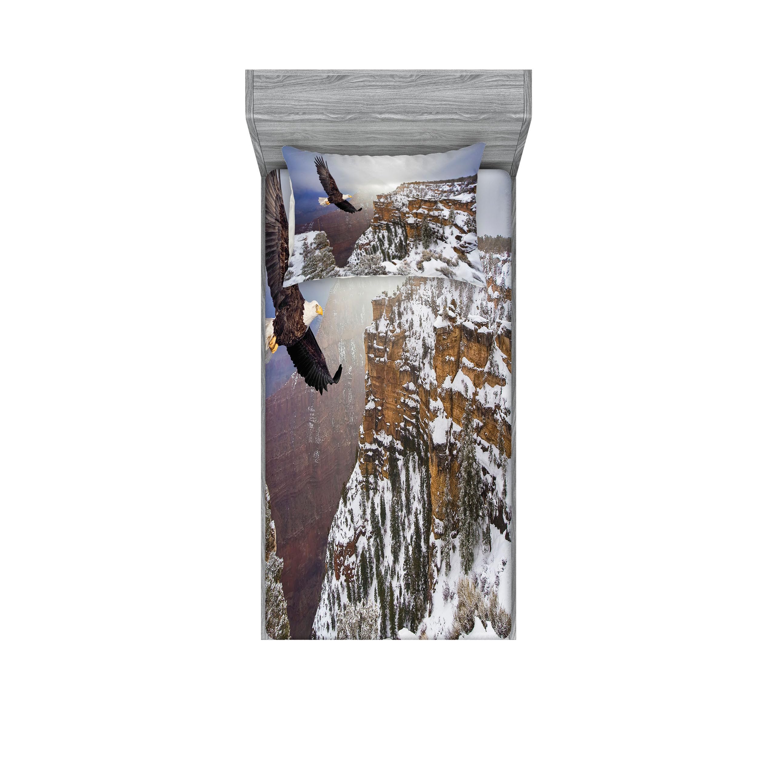 Ambesonne Africa Fitted Sheet & Pillow Sham Set, Aerial View of Bald Eagle Flying in The Snow Covered Grand Canyon Rocky Arizona USA, Decorative Printed 2 Piece Bedding Decor Set, Twinxl, White Brown