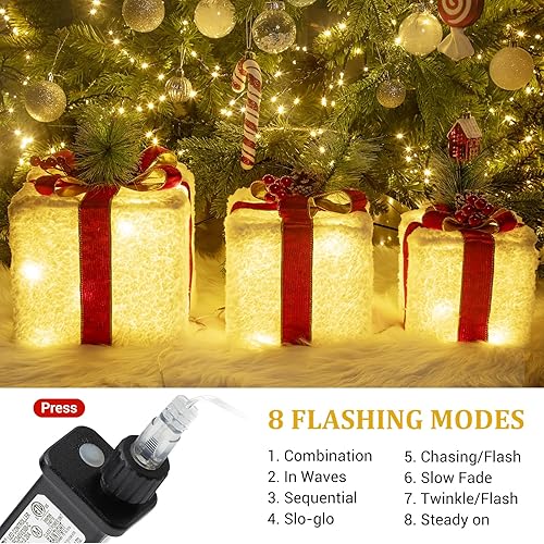 Miniatura 3 de Elegear Cajas de regalo iluminadas de Navidad, decoraciones de Navidad para interiores, 8 modos, juego de 3 cajas de regalo con 60 luces LED,