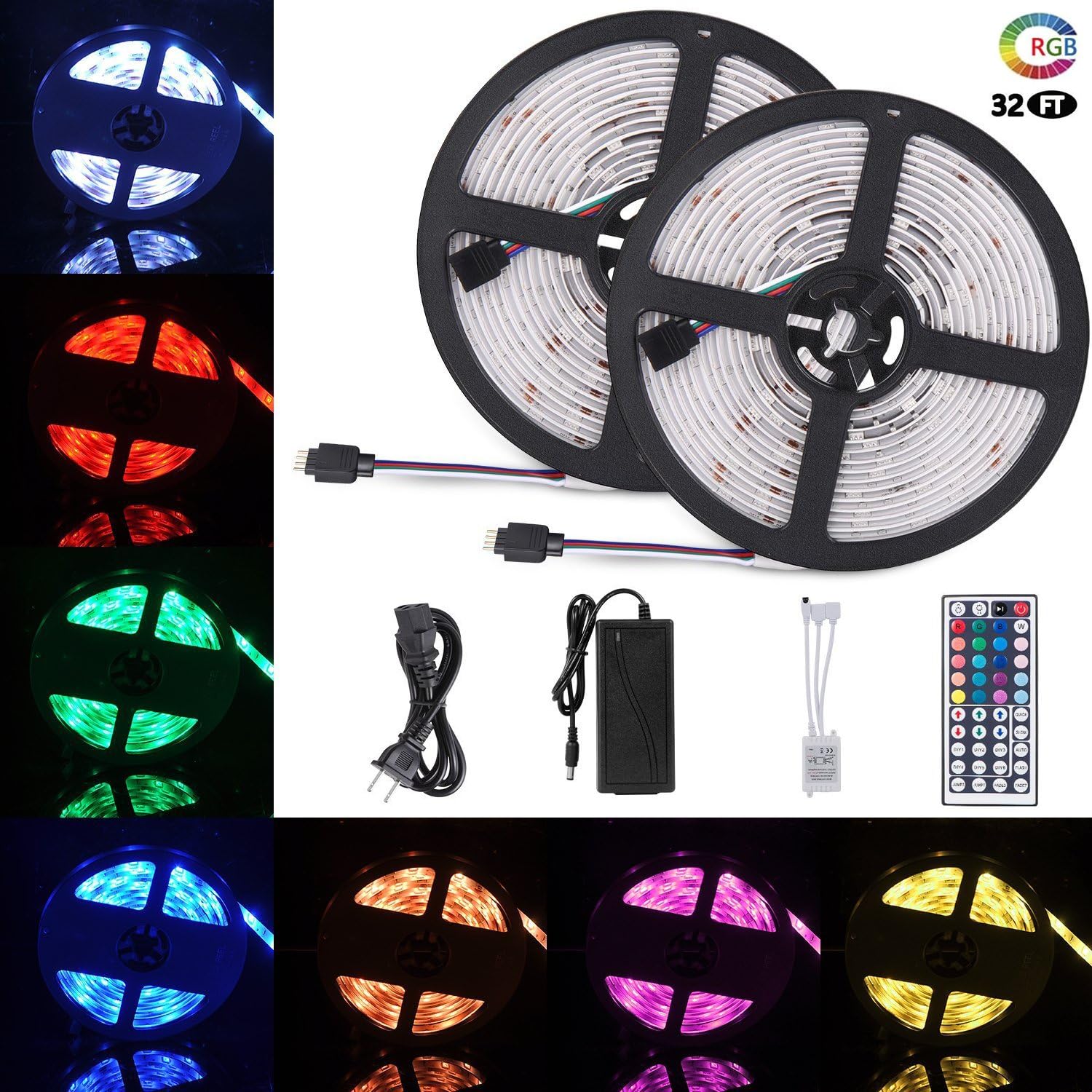LED Strip Lights, Jabor 32.8Ft/10M 300LED Light Strip SMD 5050 Waterproof Flexible RGB Strip Lights with 44 keys IR Remote for Ceiling Bar Counter Cabinet Lighting