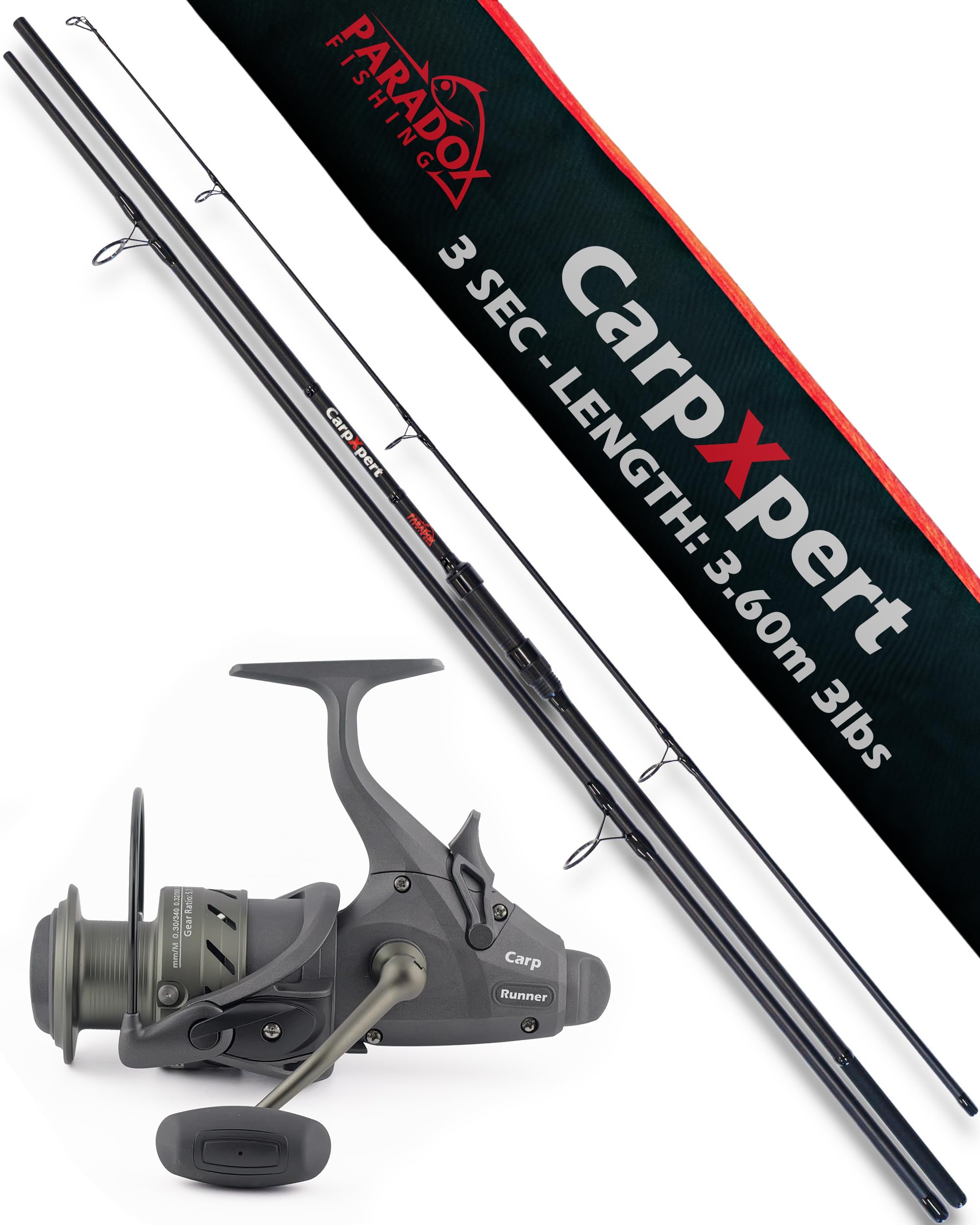 Paradox Fishing Karpfenrute CarpXpert 12ft 3,60m 3 LBS 3-teilig mit 5000 Carp Runner Karpfenrolle – Karpfen Angel Karpfen Rute