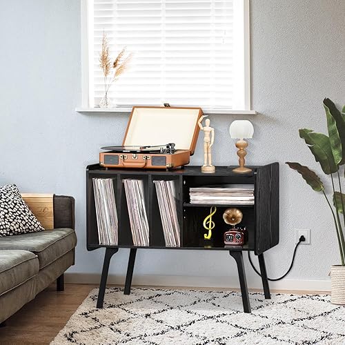 Miniatura 6 de Lerliuo Soporte para tocadiscos con estación de carga para hasta 220 álbumes, soporte giratorio grande con 4 gabinetes, mesa de tocadiscos de