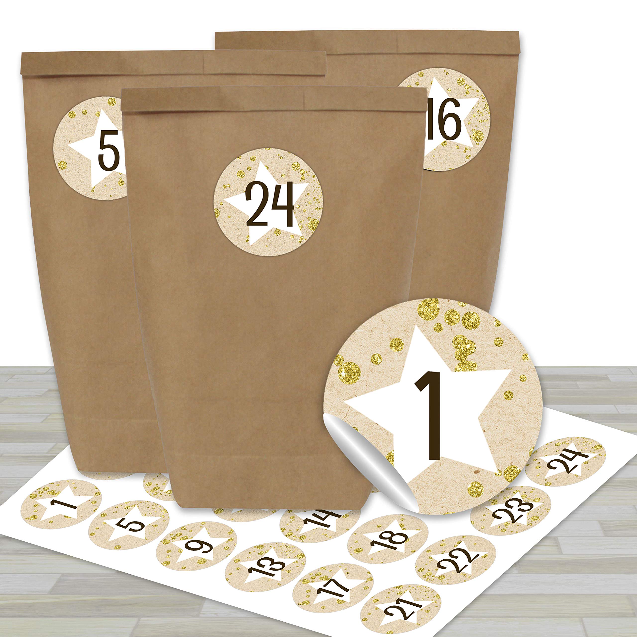 Calendario de Adviento DIY para rellenar - con 24 bolsas de papel marrón y 24 pegatinas rojo-verde - para bricolaje y manualidades - Mini Set Nr 17 - Navidad 2021 para niños