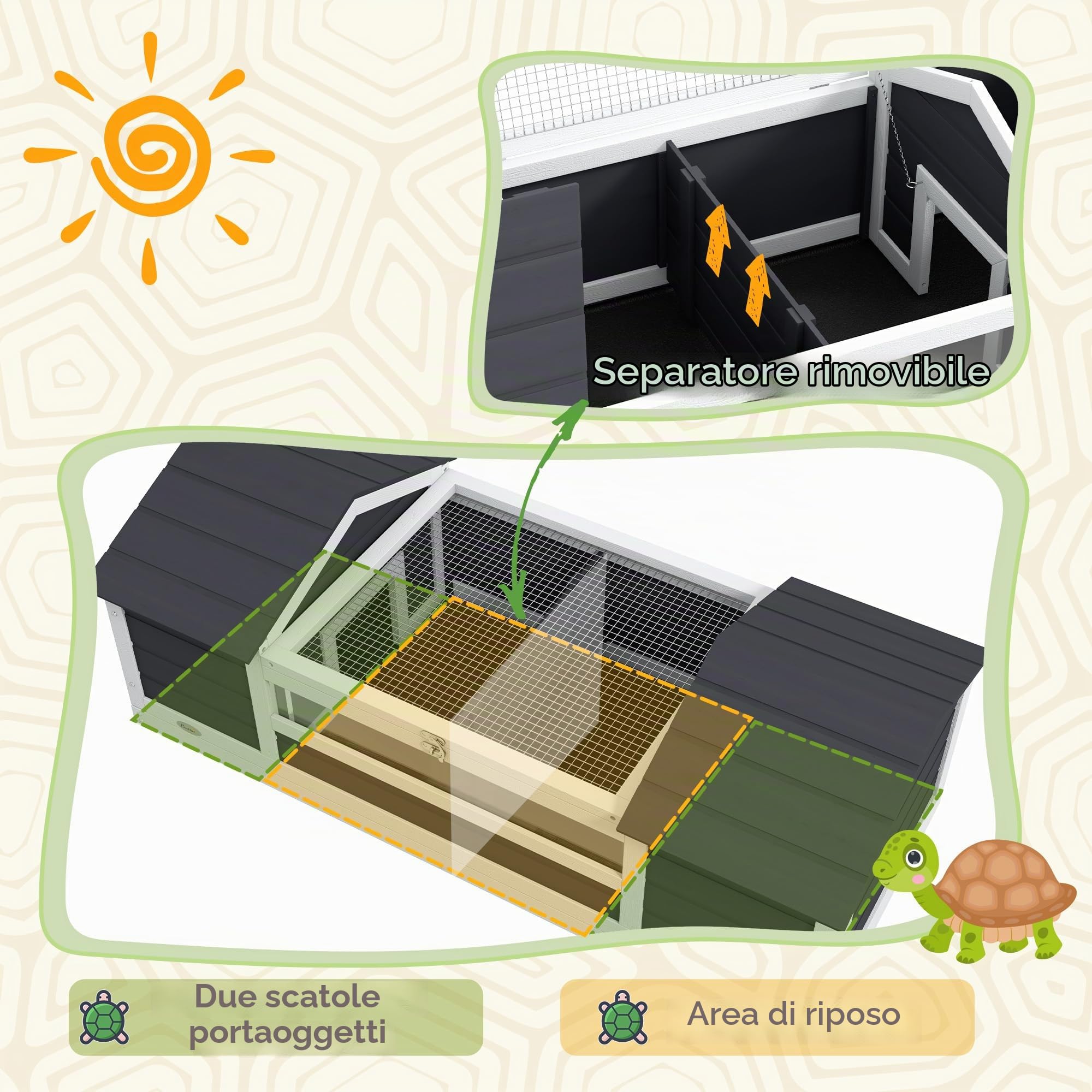PawHut Casetta per tartarughe di terra da esterno, recinto in legno per tartarughe, 2 nicchie, portalampada regolabile, tetto apribile, gabbia per tartarughe di terra, finestra in acrilico
