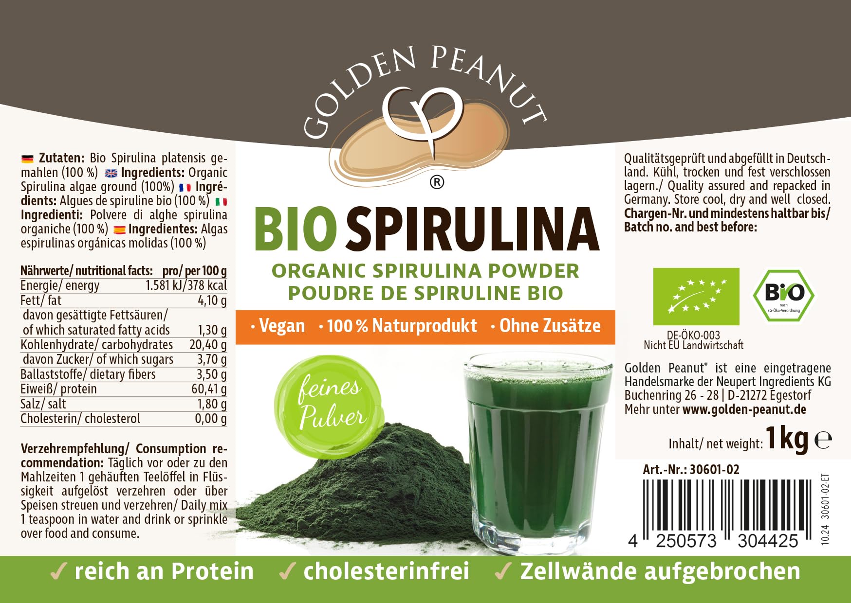 GOLDEN PEANUT Spirulina 1 kg Pulver BIO - Zellwände aufgebrochen, 100% Rohkostqualität, nach EU-ÖKO-Standard, vegan