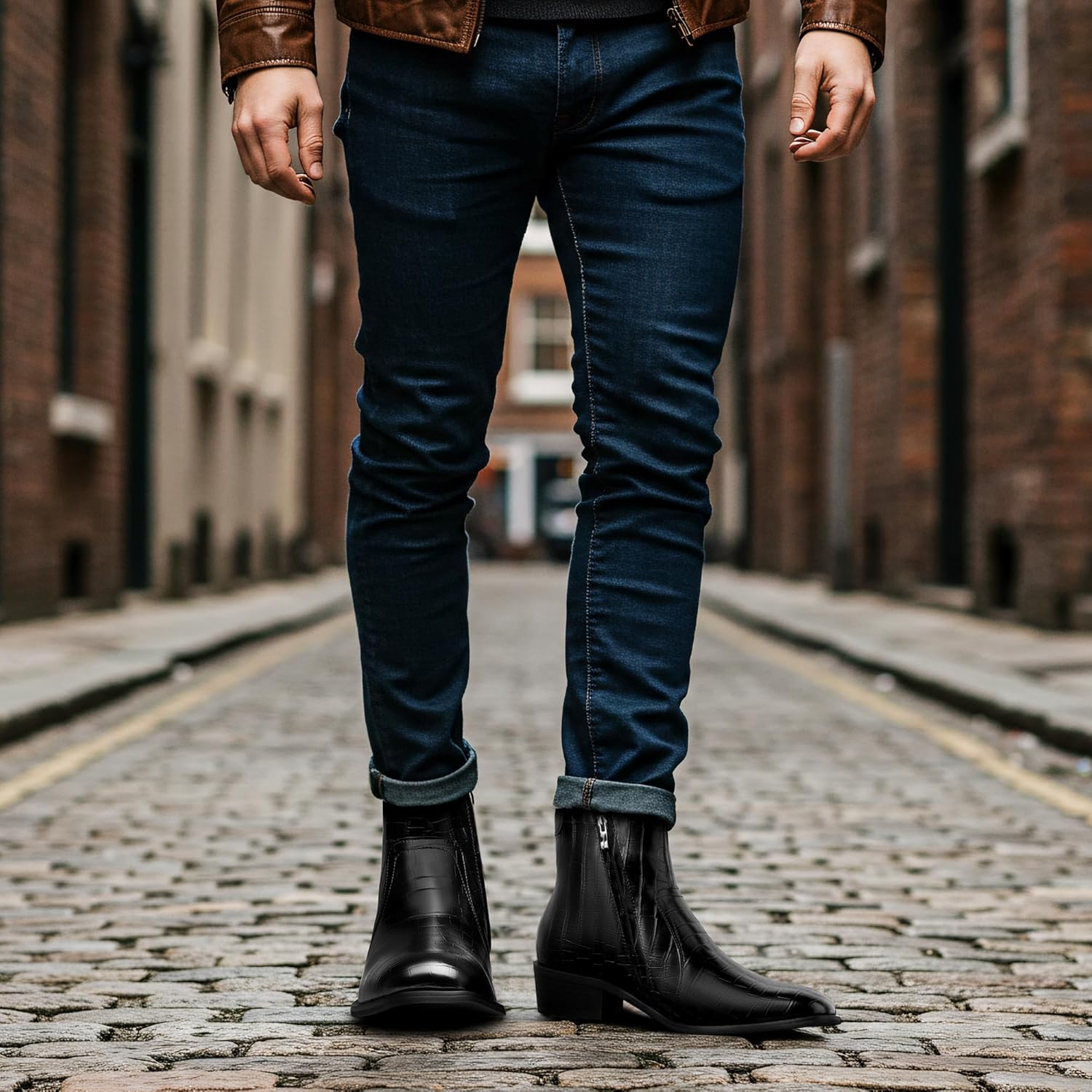 Jousen Chelsea Boots Men Slip on Faux Crocodile Textured Leather Western Cowboy Boots for Men Retro Fashion Mens Boot - Image 2