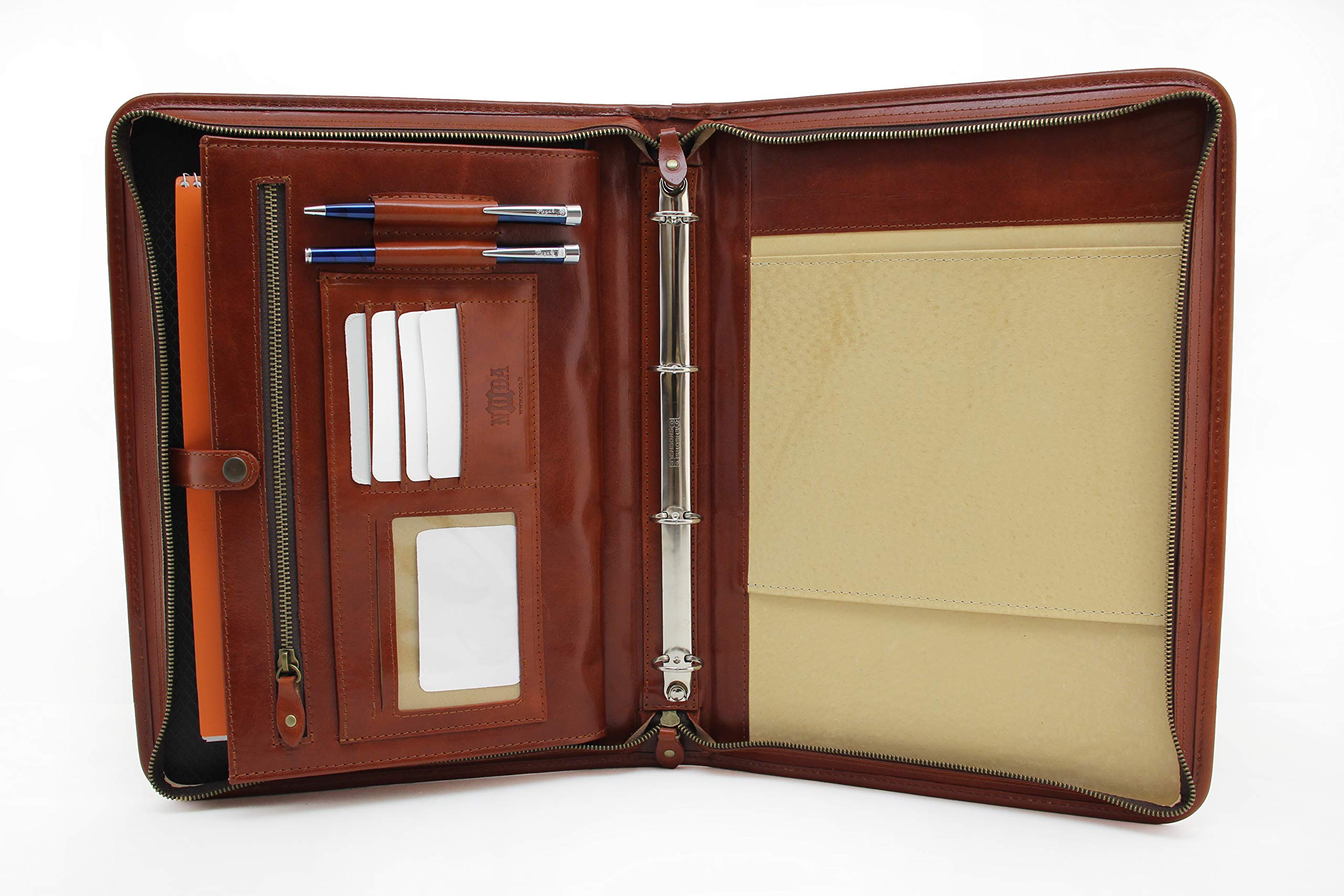 Leder Organizer, Leder Dokumentenmappe, Leder Portfolio, Dokumentenhalter, Tablet-Tasche, Ledermappe, Dokumententasche, 4 Ringbuch (Cognac)