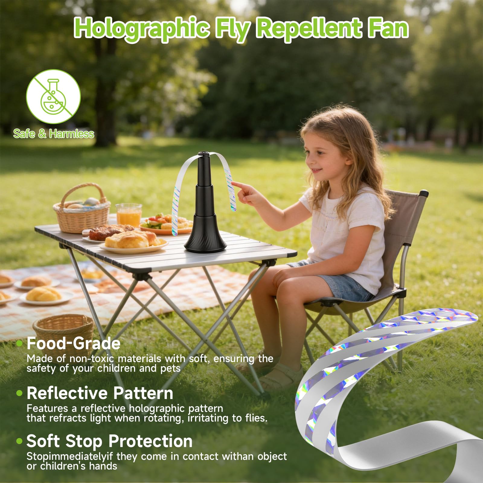 Lot de 4 Ventilateur Anti Mouche Pliable, Chasse Mouche de Table Portable avec Pales Souples et Crochet, Ventilateur Anti-Insectes pour Repas Intérieur et Extérieur, BBQ, Pique-Nique, Camping
