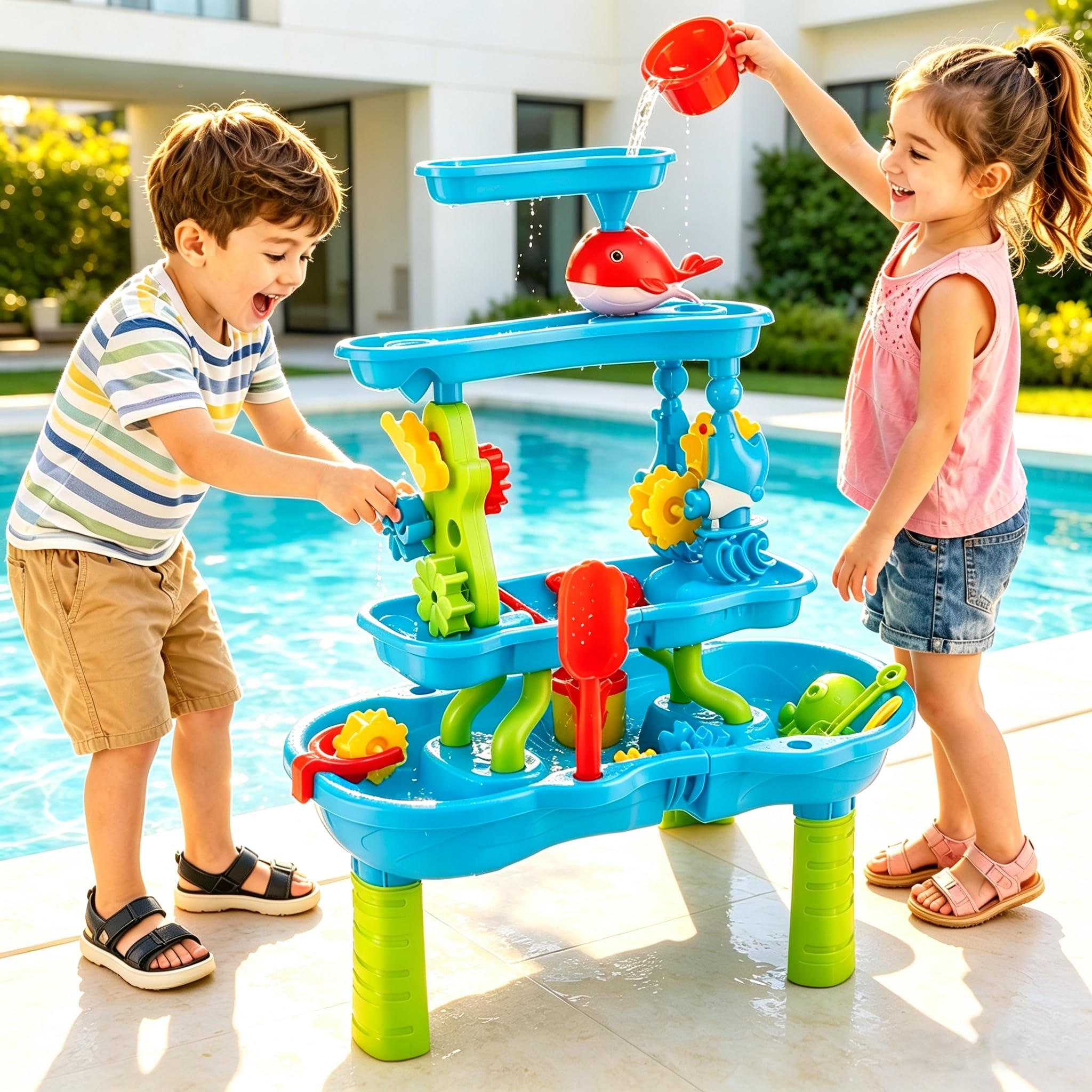 Tavolo da gioco per bambini, per attività all'aperto, sabbia e acqua, 4 livelli, giocattolo sensoriale per bambini da 3 a 12 anni, giocattolo per giardino, terrazza, spiaggia, estate