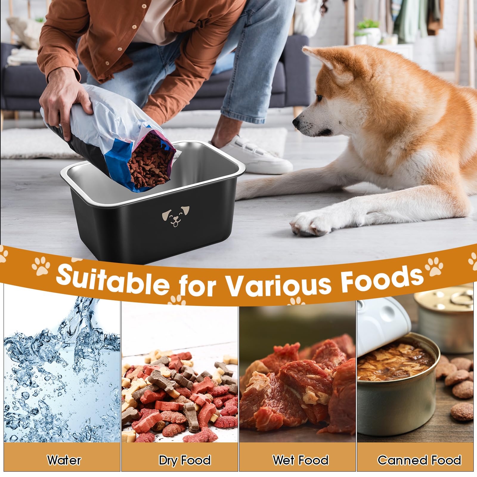 Sweetude 4 große Wassernäpfe für Hunde, große Futternäpfe aus Edelstahl, extra groß, aus Metall, rostbeständig, großes Fassungsvermögen für Haustiere, Hunde, Schwarz, 7 l