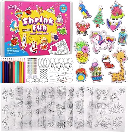 Funtopia Shrinking Art Sheets Kits for Kids, 75 Pre-Cut Shrink Paper Craft Keychain Making Kit, 12 Themes DIY Shrink Art Plastic Sheets with Charms and Keychains Accessories