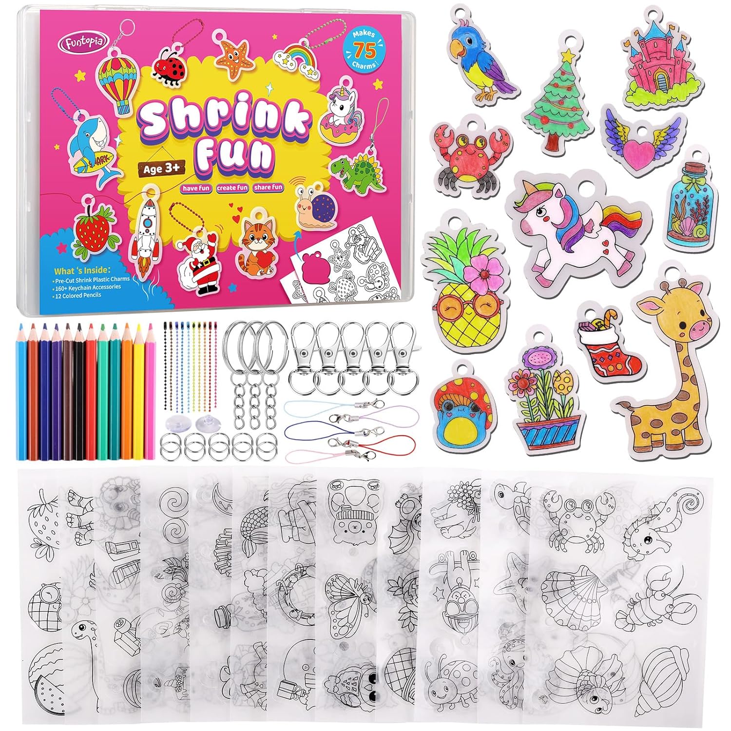 Funtopia Shrinking Art Sheets Kits for Kids 75 Pre-Cut Shrink Paper Craft Keychain Making Kit 12 Themes DIY