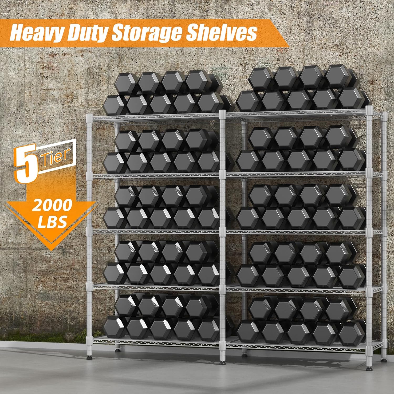 Homdox Heavy Duty Metal Shelves for Storage, 5 Tier Storage Racks and Shelving, Adjustable Wire Shelving Unit, Garage Rack Pantry Shelves Kitchen Shelving, 18"x72"x72", Silver Gray