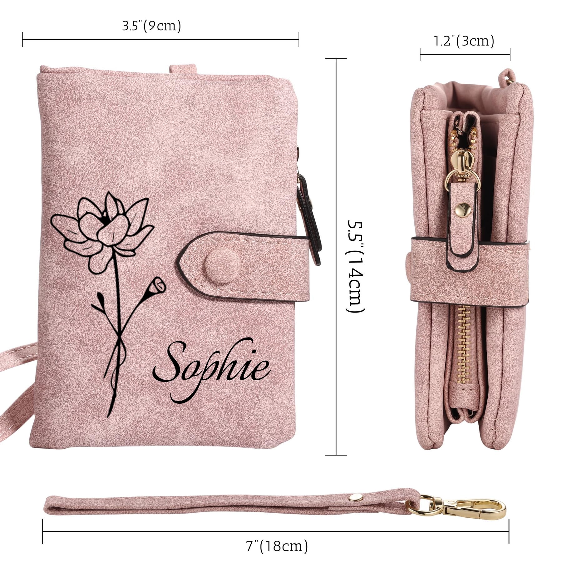 MeMeDIY Personalizado Cuero Carteras de Mujer con Monedero con Cremallera con Pulsera Cartera Pequeña Mujer con Nombre y Flor de Nacimiento Regalos para Novia Esposa Día de la Madre - Rosa