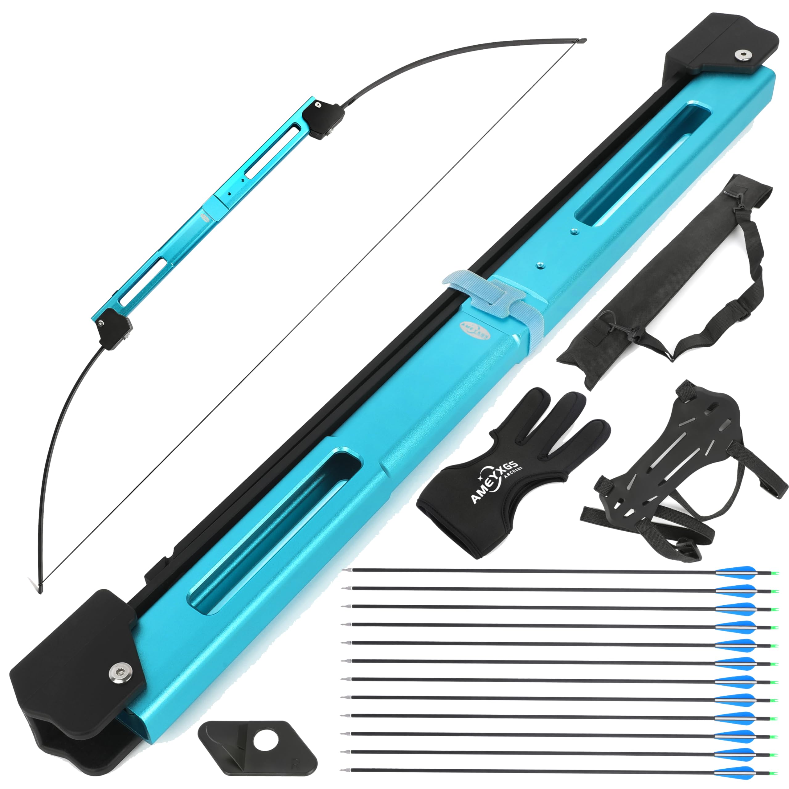 AMEYXGS 55-Inch Folding Recurve Bow and Arrow Set, Aluminum Alloy Riser, Fiberglass Limbs, 35 lb Draw Weight, Left and Right Hand (Blue Set)