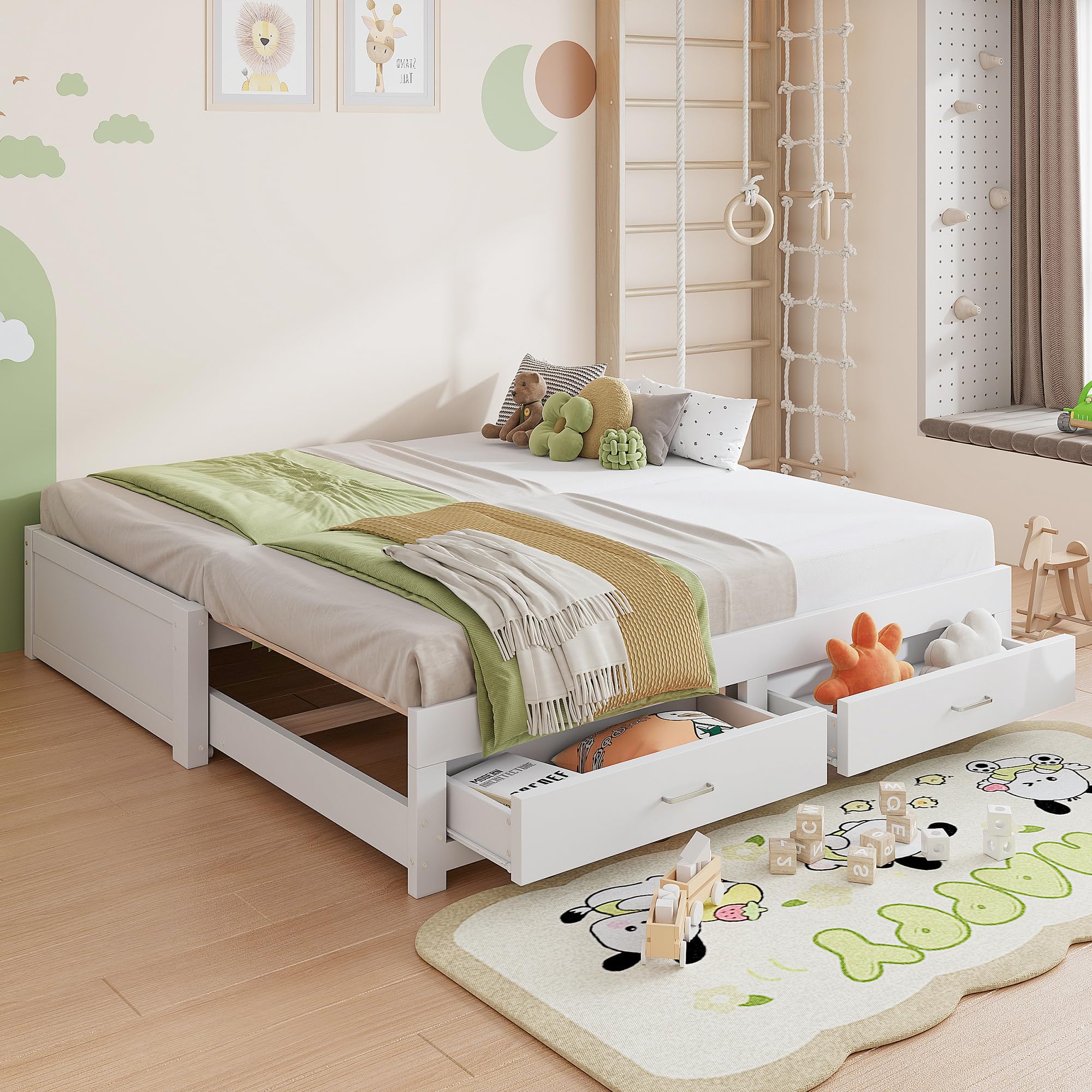 Kebnor Sofá cama extensible de madera, 90/180 x 190 cm, con dos cajones, sin reposabrazos ni respaldo, cama de invitados multifuncional con somier (blanco)
