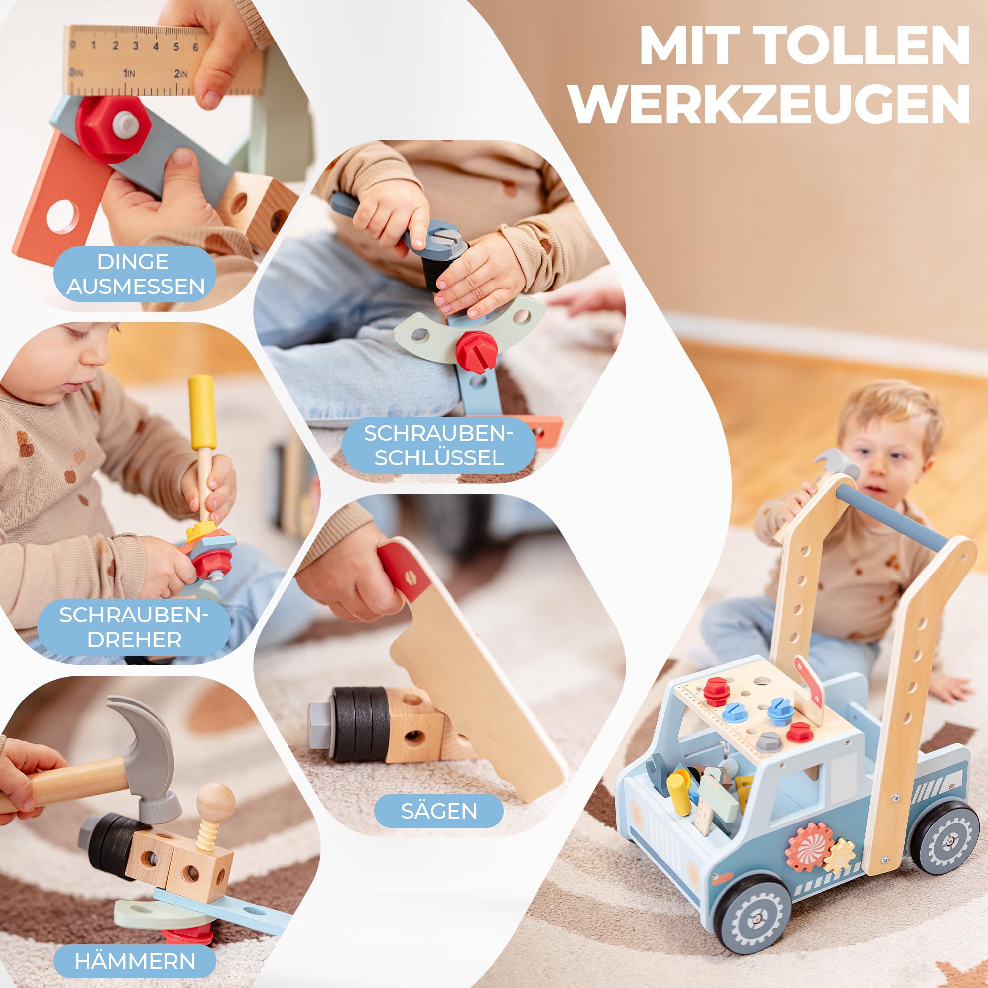 Lauflernwagen aus Holz – Stabiler Schiebewagen mit gebogenem Griff – Motorikspielzeug für Jungen & Mädchen – Montessori Spielzeug ab 1 Jahr - 3 in 1 Walker