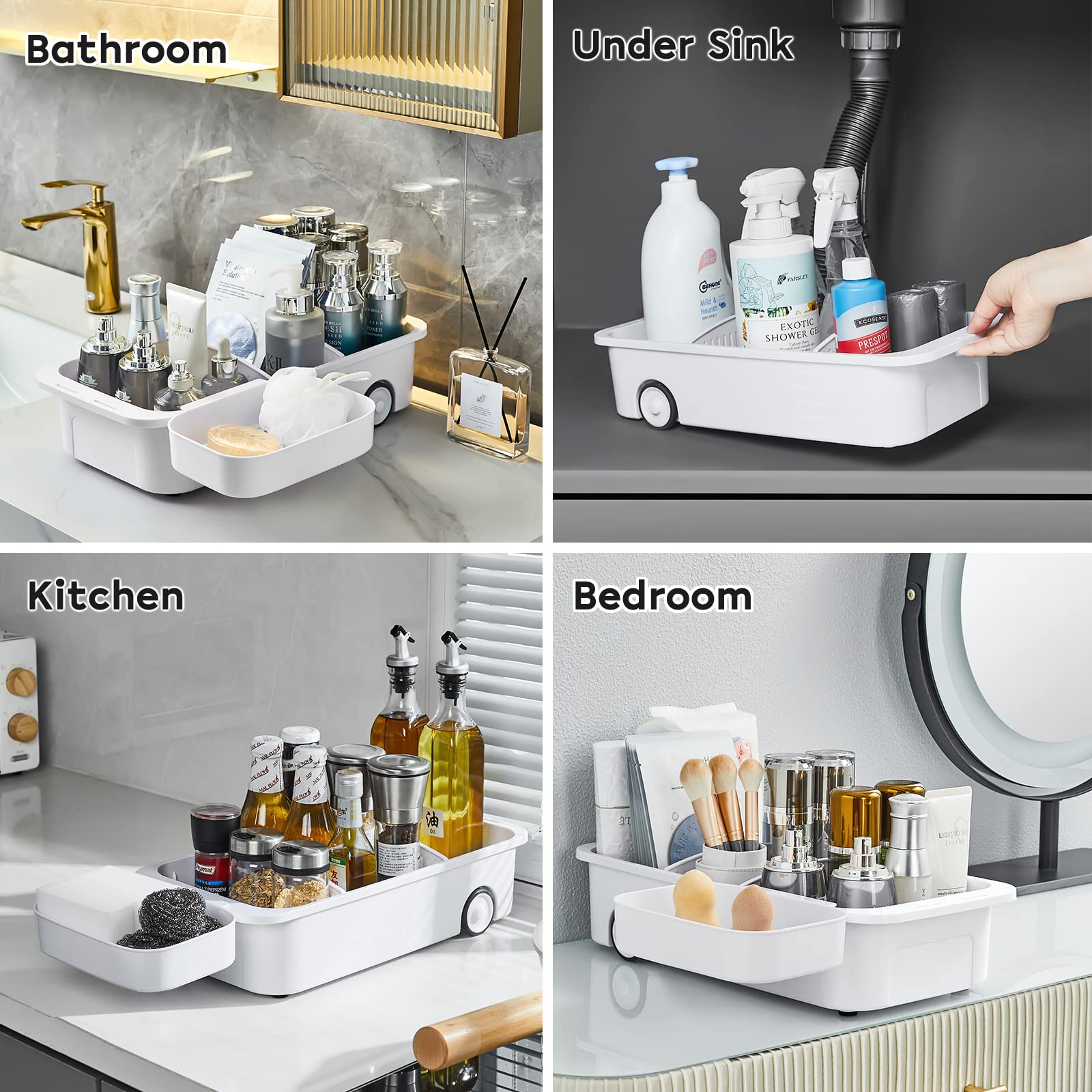 Under Sink Organizer with Rolling Wheels, Detachable & Adjustable Side Basket and Dividers, Pull Out Cabinet Caddy Organizer for Kitchen Bathroom Sink Caddy Storage, 8" Wide, White