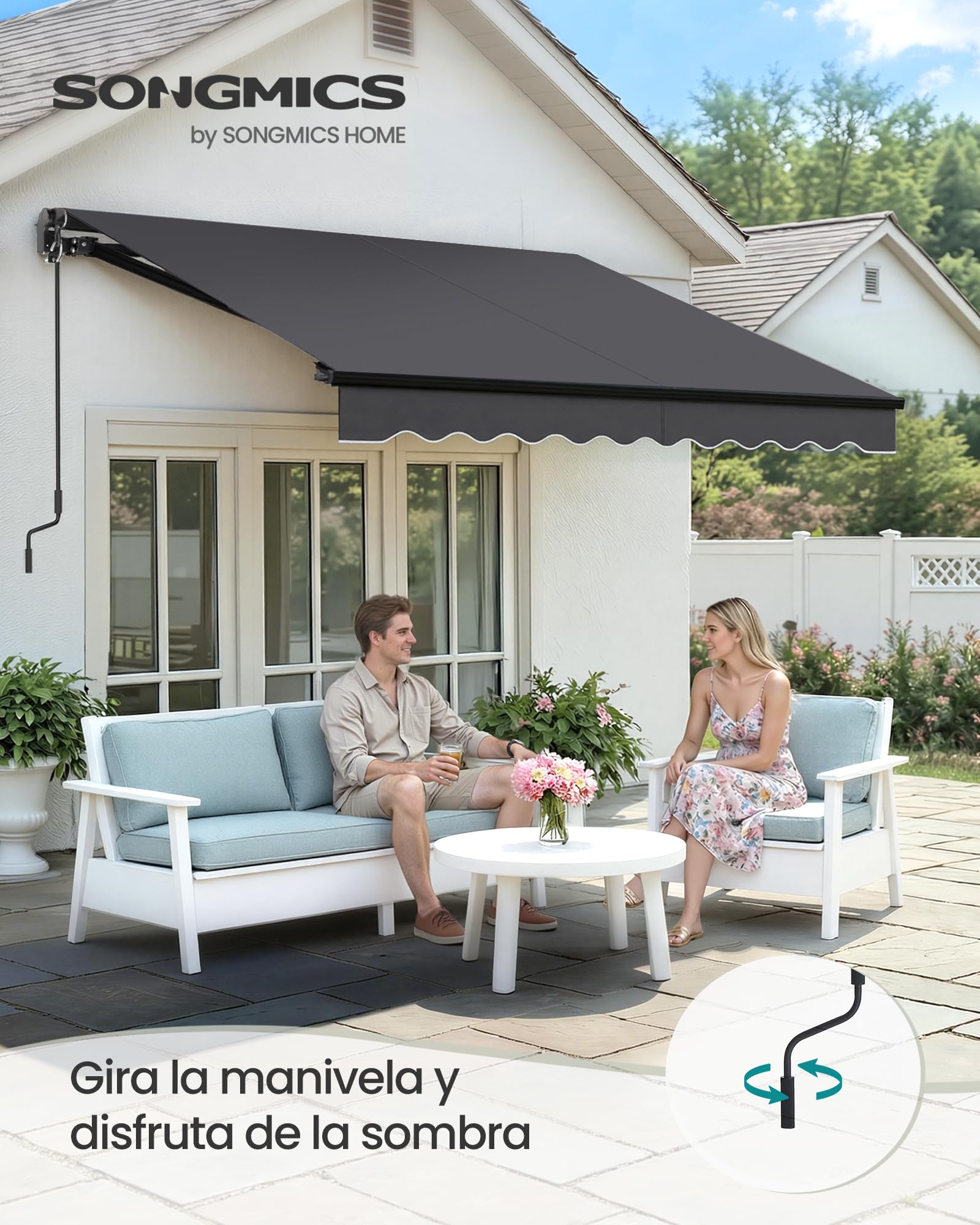 SONGMICS Toldo de Brazos Articulados, Toldo con Manivela, Parasol para Balcón, UPF 50+, Aleación de Aluminio, Ajustable, 300 x 250 cm, Gris GSA306GZ01