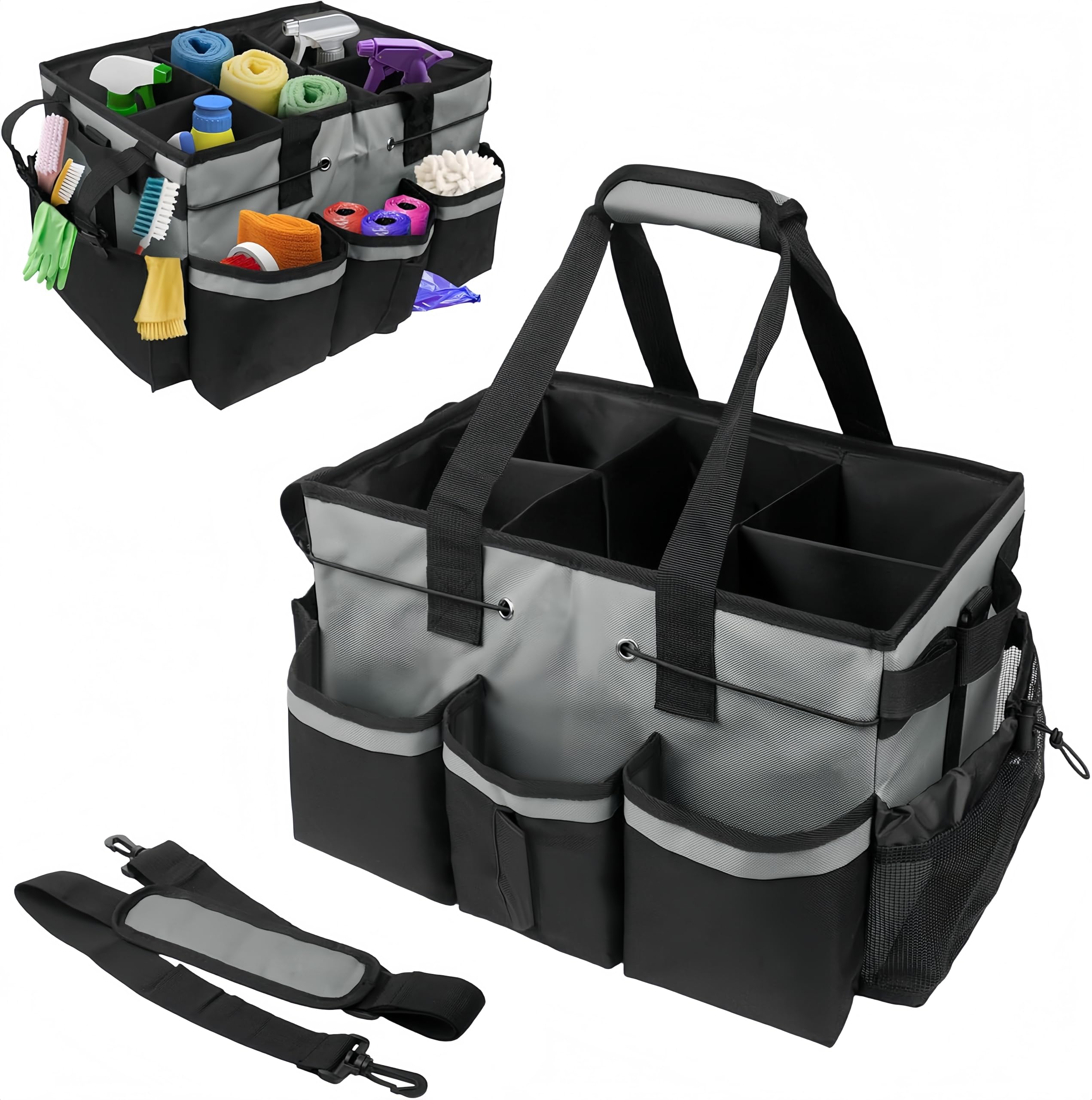SKYFREIGHT Large Cleaning Caddy Bags, Cleaning Supplies Organizer with Handle & Adjustable Shoulder Straps,Multi-compartment Design Cleaning Supply Tote for Cleaners&Housekeepers (Grey)