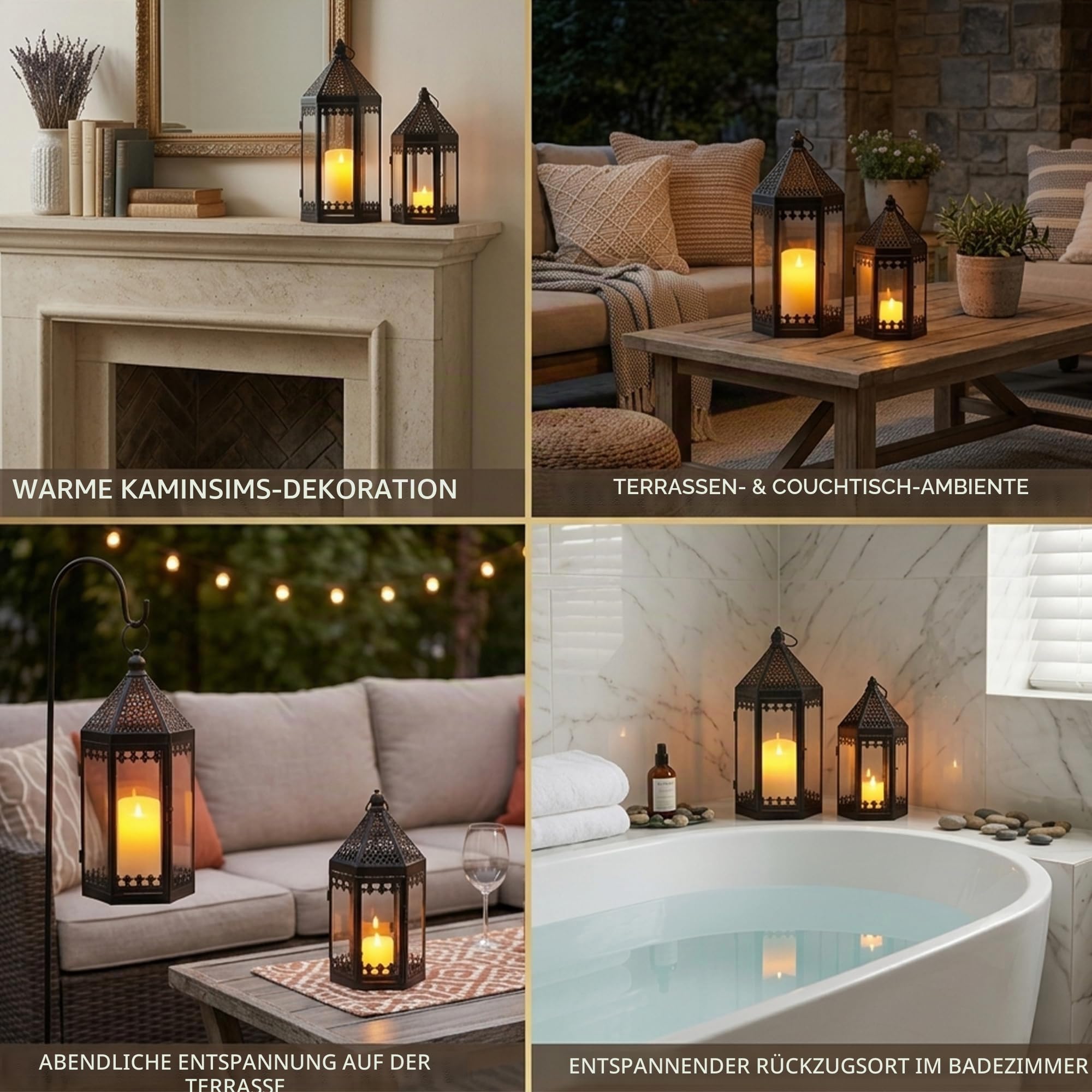 TRIROCKS 2er Set Dekorative Laternen 40/30 cm hohe Metall-Kerzenhalter Windlicht zum Aufhängen mit gehärtetem Glas für Innen Außenbereich Heimdekoration Garten Terrasse Partys Hochzeiten (Schwarz)