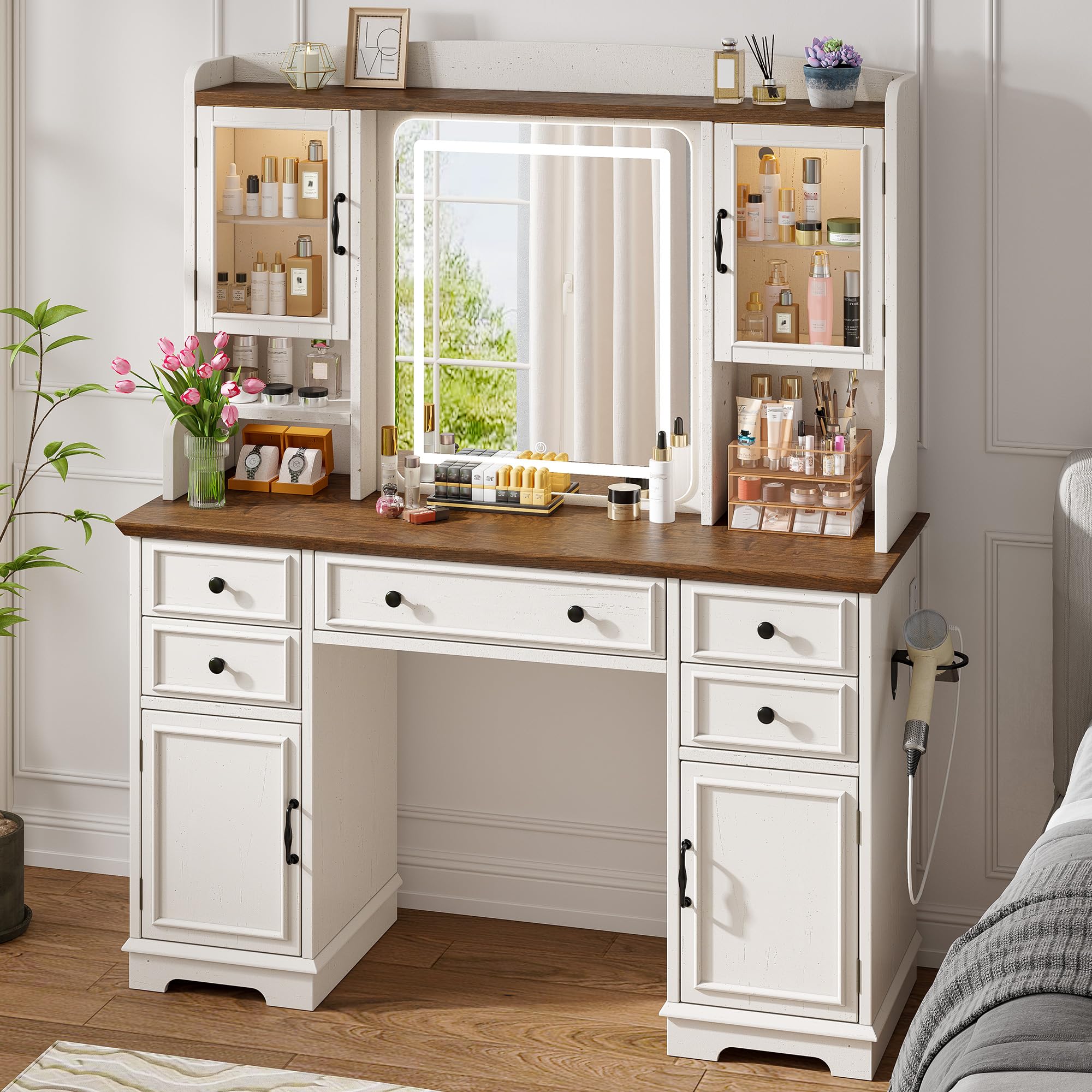 EnHomee Farmhouse Vanity Desk with LED Lighted Mirror, Makeup Vanity Table with RGB Cabinets and Lots Storage, 5 Drawers and 6 Storage Shelves for Bedroom and Dressing Room, White