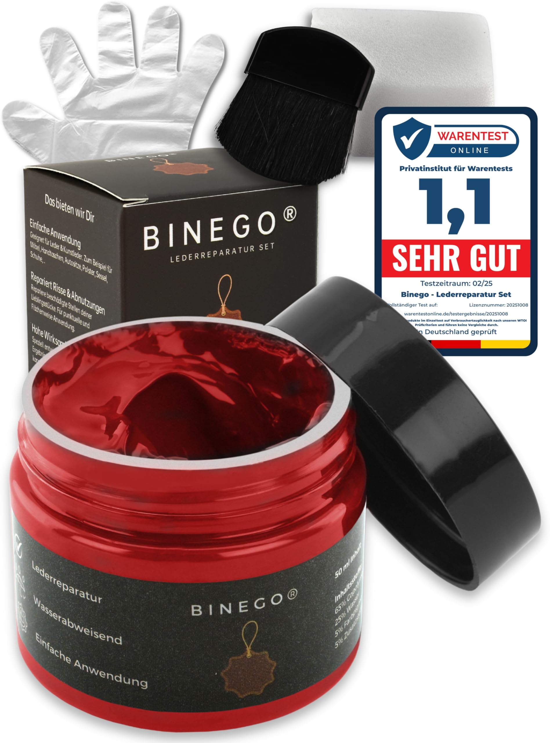 Binego® Lederreparaturset Leder & Kunstleder Reparatur Set | Lederreparatur Flüssigleder Lederfarbe Reparieren Reparaturset Aufbereitung | Farbe Rot