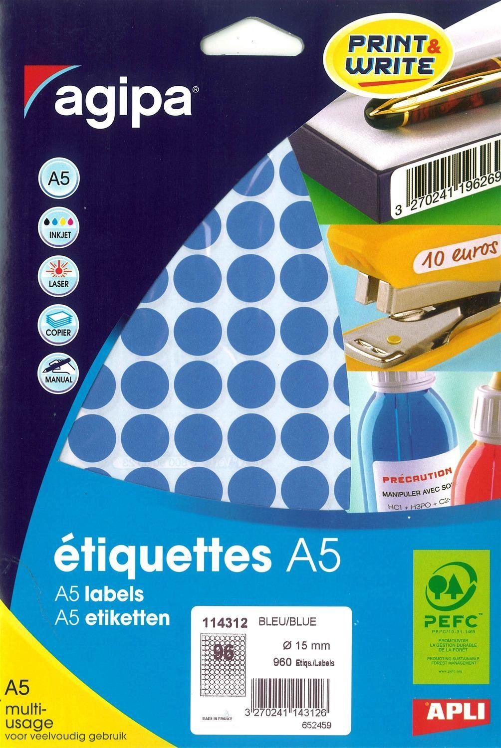 Agipa A5 960 Labels Round, 15 mm Diameter, Blue