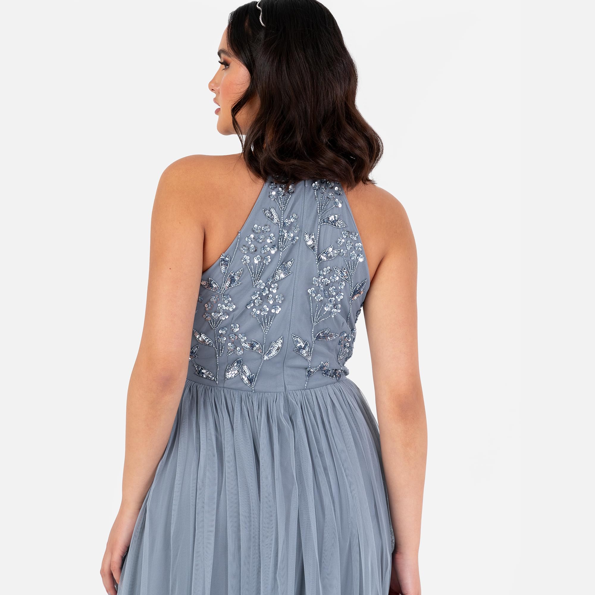 Maya Deluxe Women's Maxi Dress Ladies Halterneck Sleeveless Floral Sequin Embellished Tulle A-Line Bridesmaid Prom Ball Gown Dress Mujer (Pack de 1)