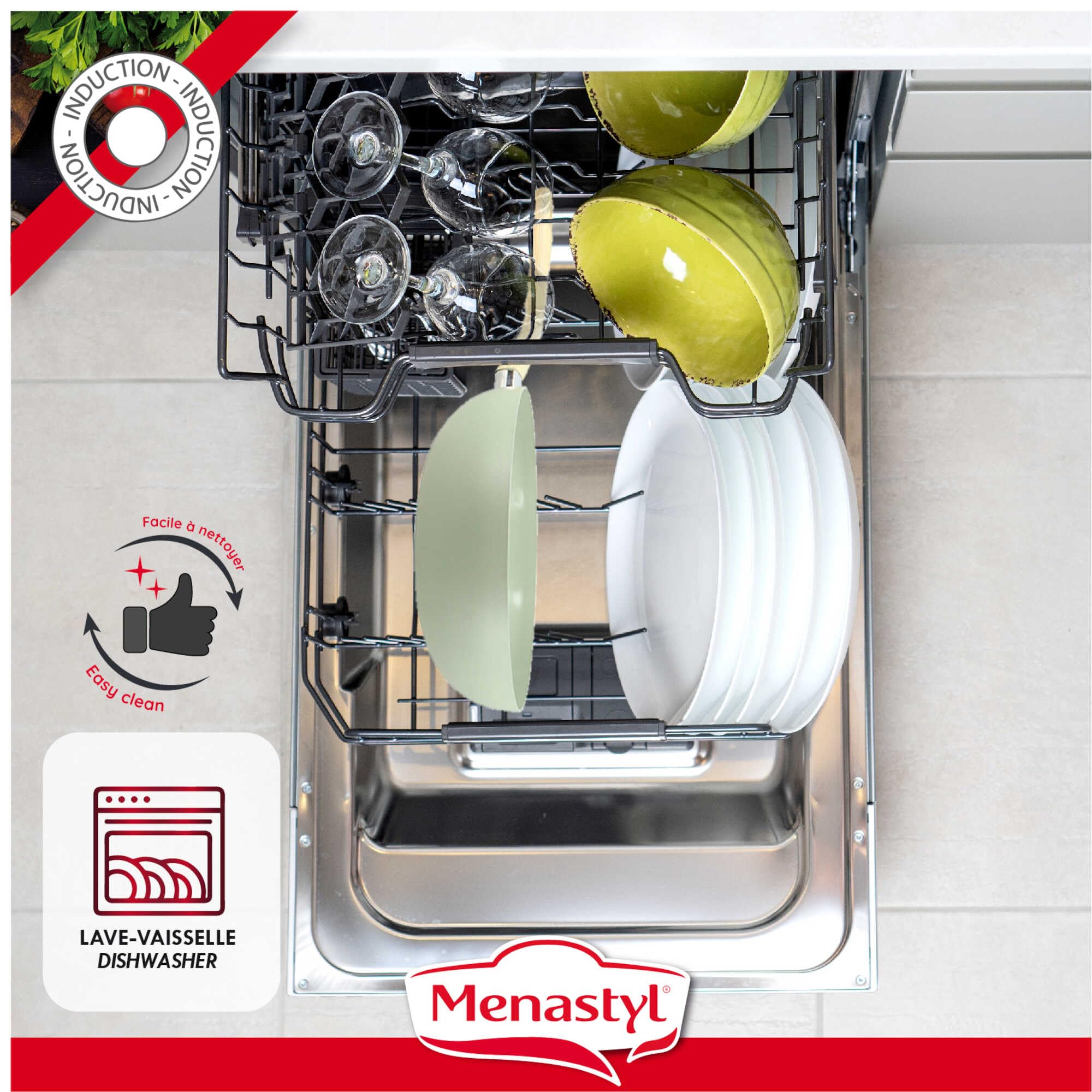 MENASTYL - Batterie de cuisine 5 pièces avec revêtement antiadhésif céramique (Sans PFAS/Sans PTFE) tous feux dont induction - 2 poêles / 2 casseroles / 1 wok - Gamme Colorama - Céladon - 6014166