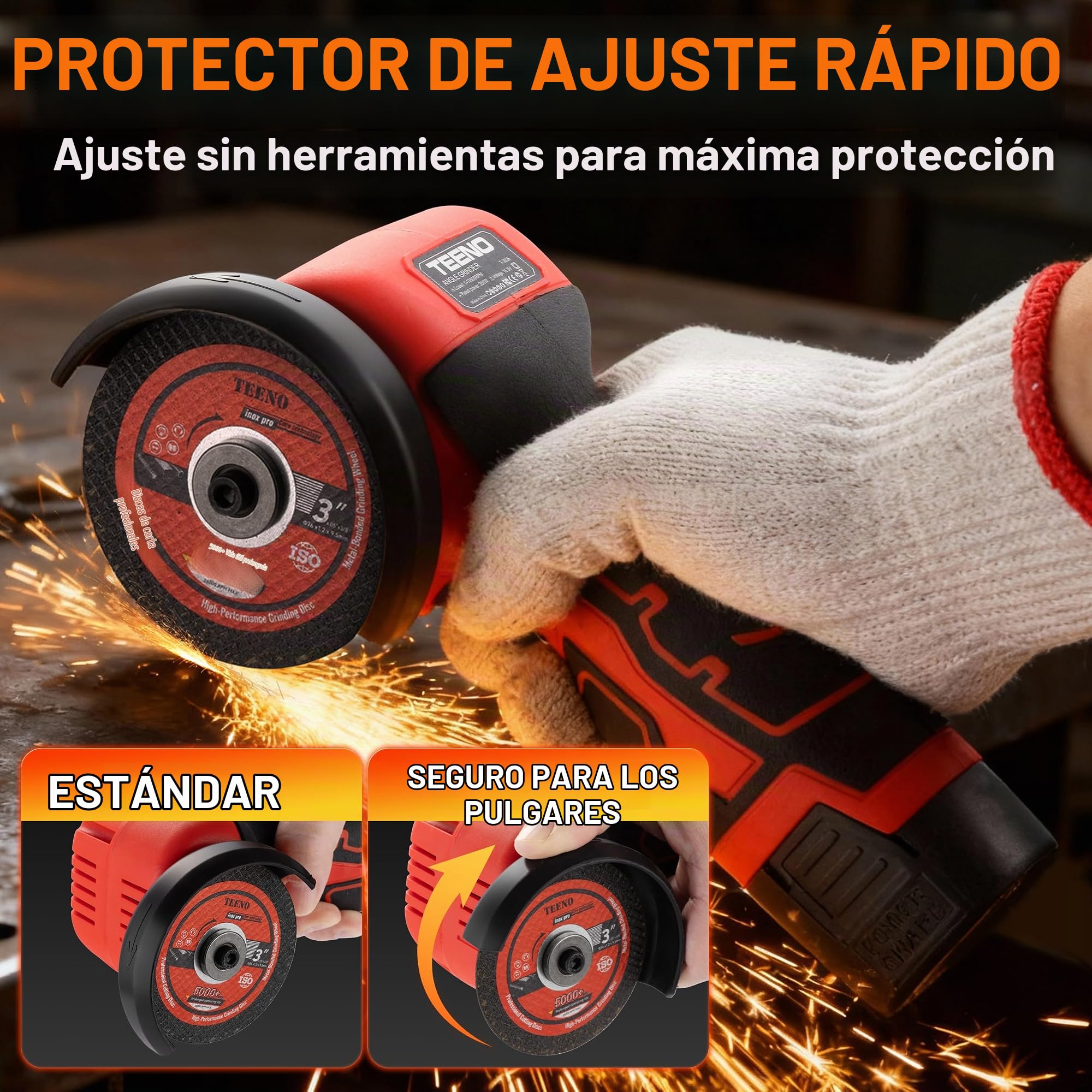TEENO Amoladora angular inalámbrica de 76 mm, 19 500 rpm, 16,8 V, con 2 baterías de 2000 mAh, mini amoladora profesional + 6 discos de corte, caja de plástico para almacenamiento
