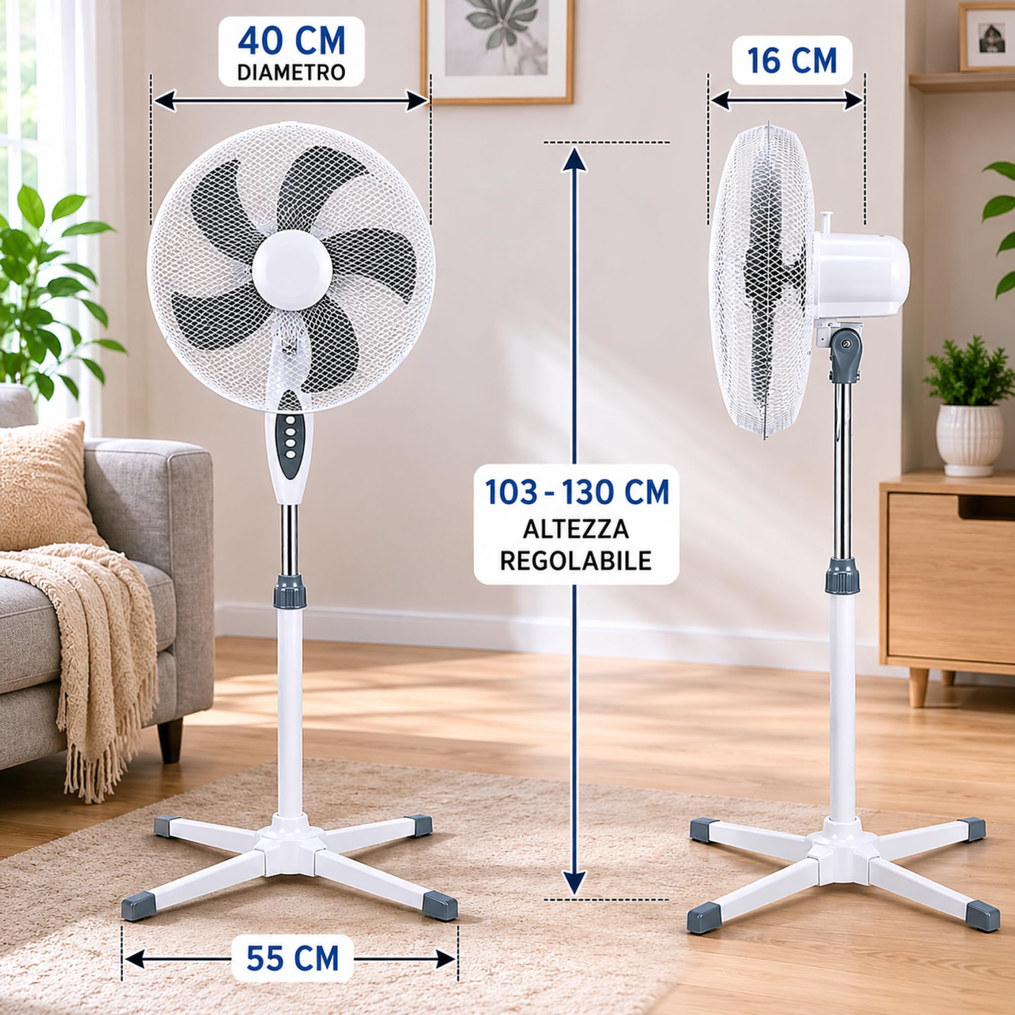 Ventilatore a Piantana Ø 40 cm BIANCO - FACILE MONTAGGIO - 50 W - 3 Velocità - STABILE e SILENZIOSO - Oscillazione Orizzontale - Altezza Regolabile 103-130 cm - Testa Inclinabile - Base a Croce