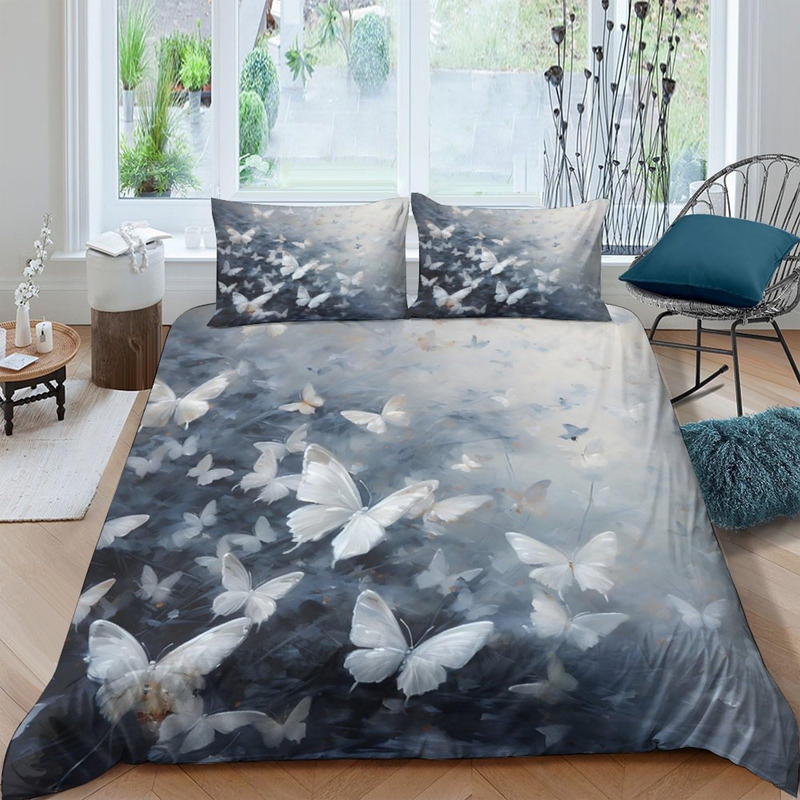 Ctjqhvkz Style-2 3D Printed Butterfly Dream Fitted Sheet Microfiber Soft Grey White Bed Cover For Bedroom Dorm Mattress Decor Single（135X200cm）