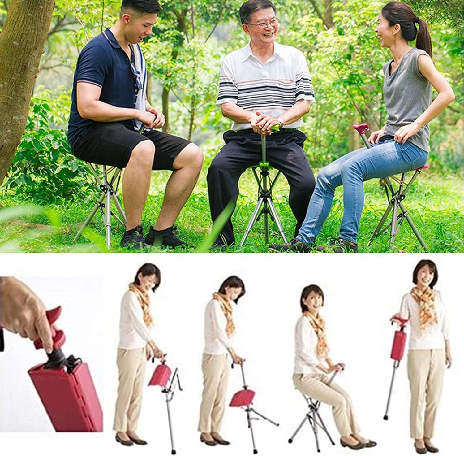 Taburete plegable con base de bastón Bastón con asiento Bastón plegable para viajes Bastón de equilibrio ligero Unisex para personas mayores Taburete de descanso para viajes al aire libre Carga máxi