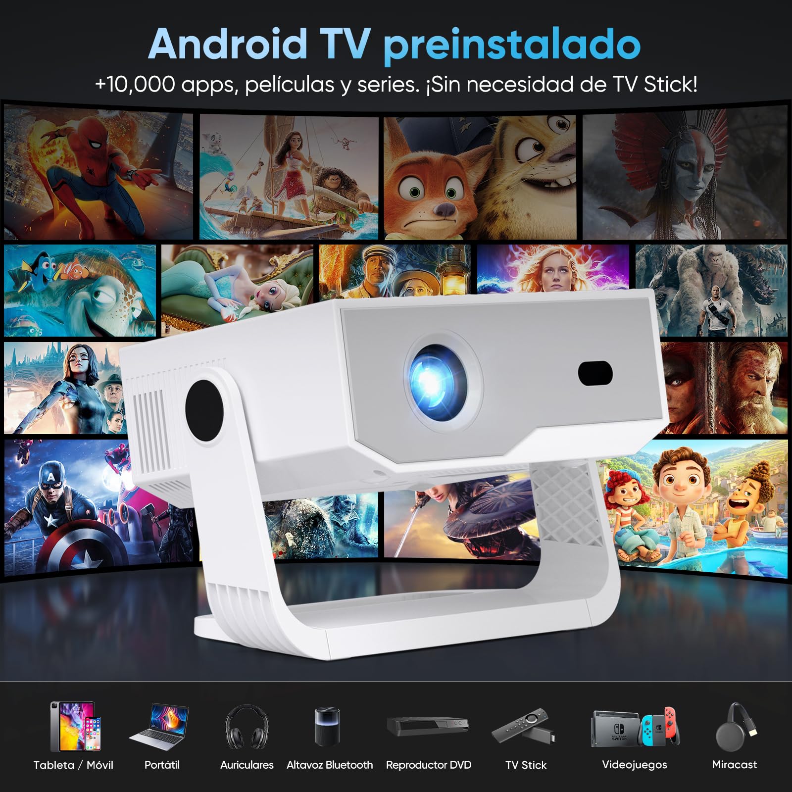 2026 Upgraded Proyector Portátil | Soporta 4K/1080P , 300ANSI, Android TV,WiFi6 + BT 5.4,Enfoque eléctrico y Corrección Trapezoidal Automáticos,Rotación de 270°
