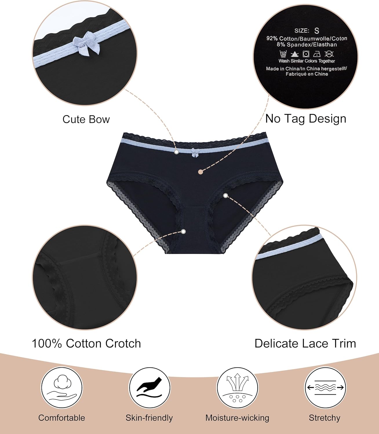 ANLIQI Cotton Underwear for Women Lace Trim Hipster Panties Soft & Cute Breathable Bikini Briefs Undies with Bow Multipack - Image 3