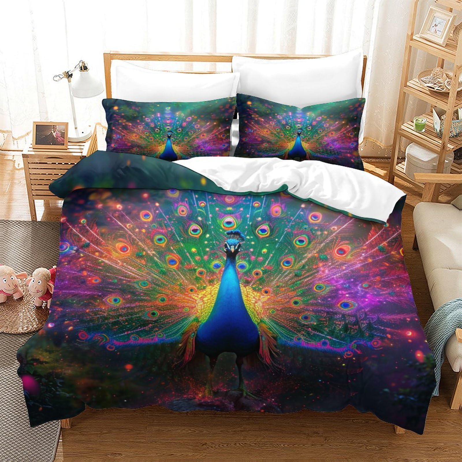 Housse de couette paon anti-plis literie lit simple 140x200cm confortable