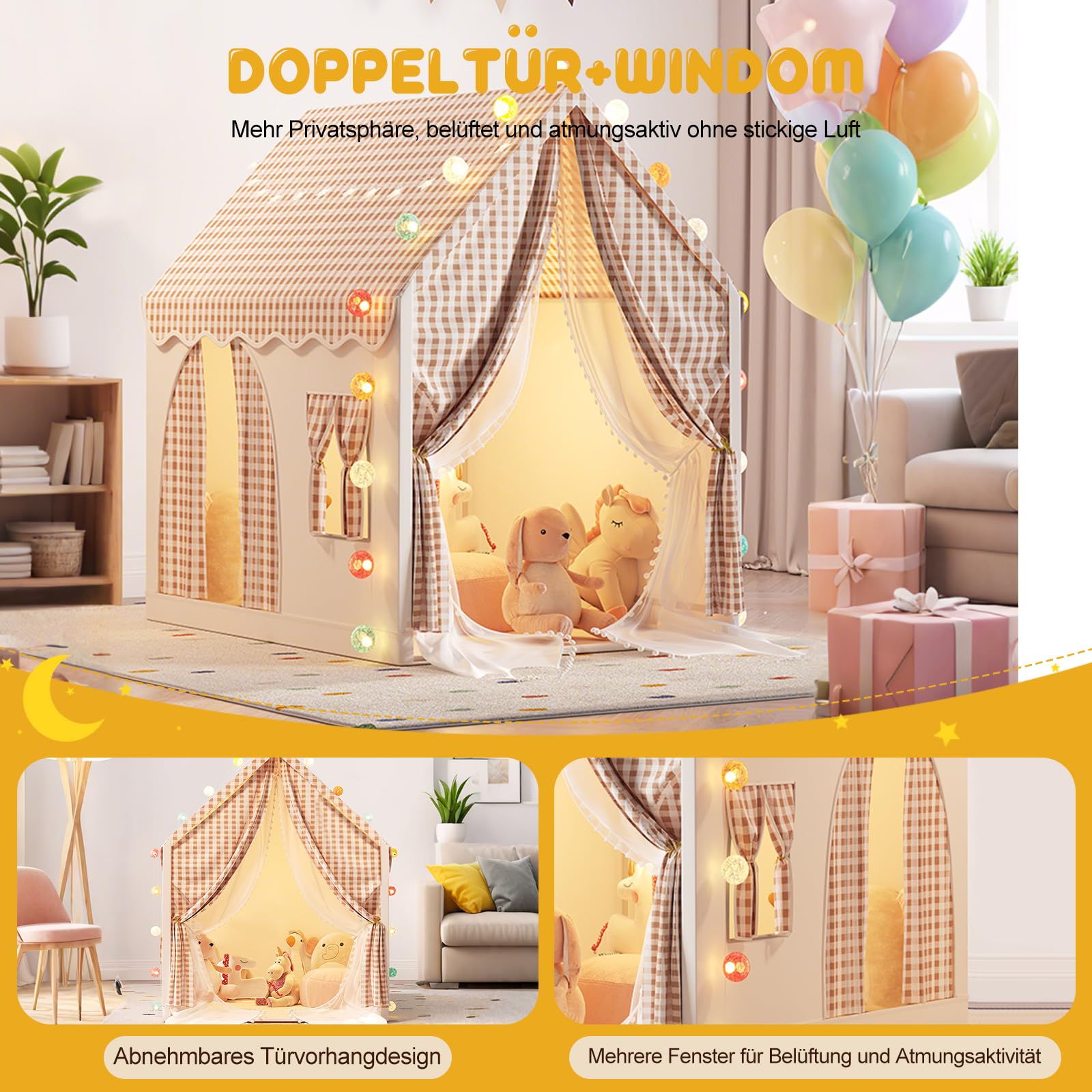 Ergocar Kinderzelt Für Drinnen Und Draußen Doppeltür Schloss Kugel Licht Bunte Flagge Wolke Stern Licht Geeignet Für Kleinkinder Jungen Und Mädchen