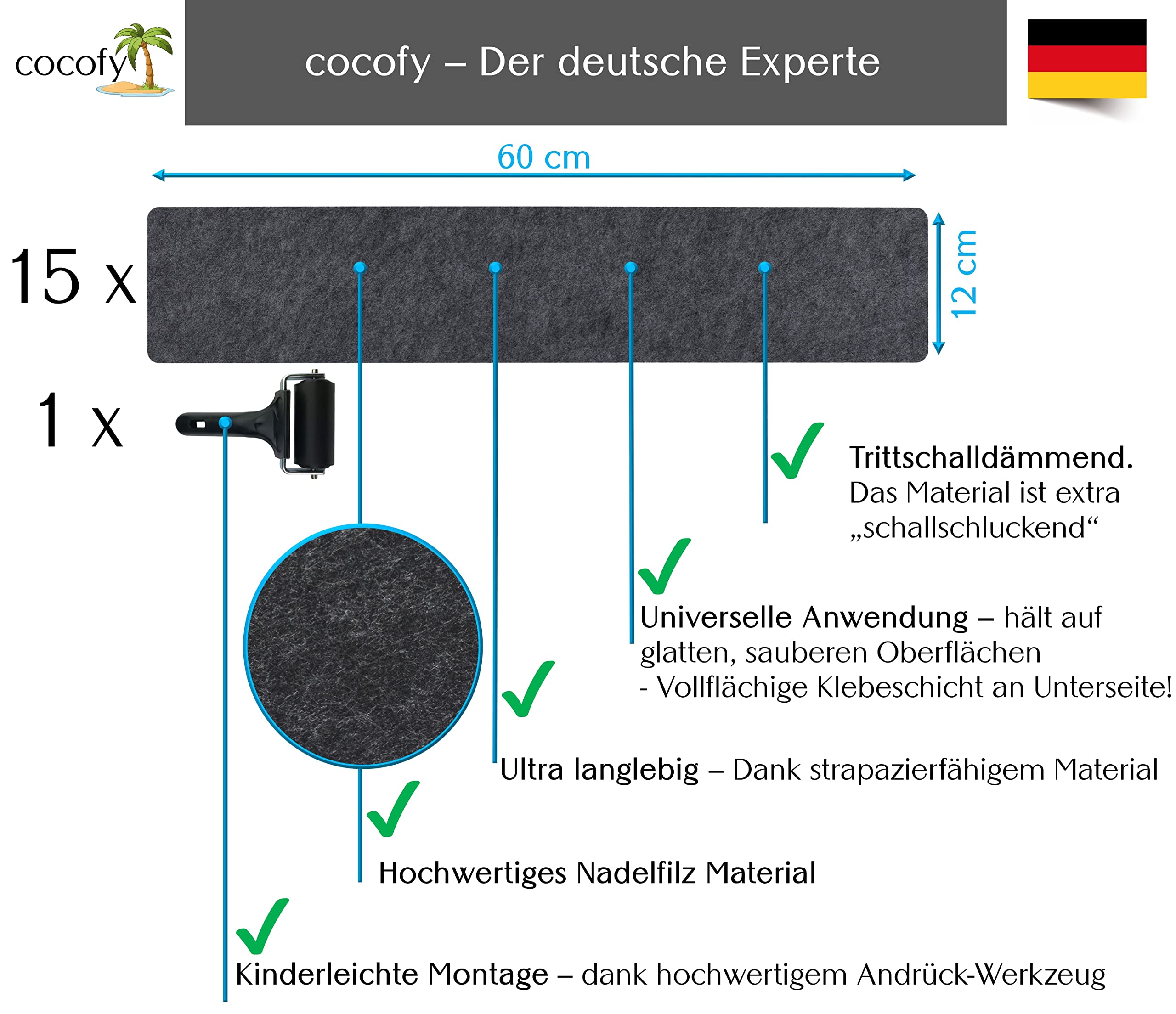 cocofy Traptredematten, modern, set van 15, 60 x 12 cm groot, vilt, zelfklevend, voor binnen, 15 stuks, tapijt, traptreden, zelfklevend, traptreden, zwart, 15 stuks