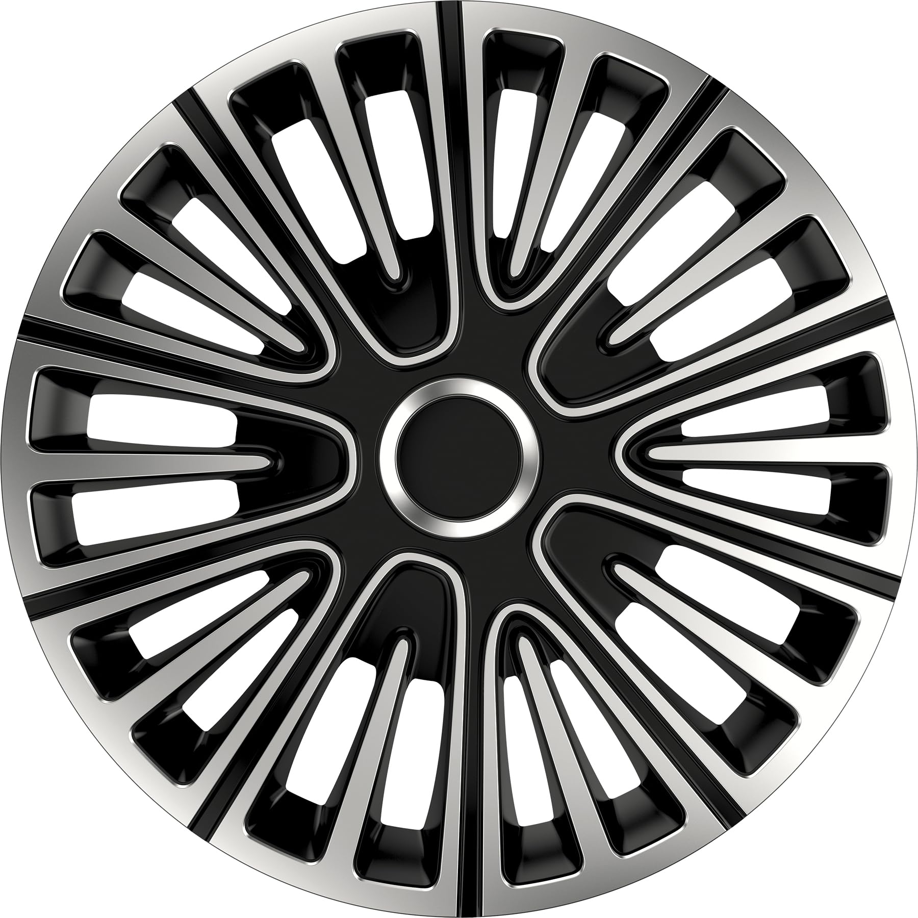 Set 4 Copricerchi Auto 15 pollici Argento & Nero Bicolore - Anello Metallico Regolabile - ABS Resistente Universali