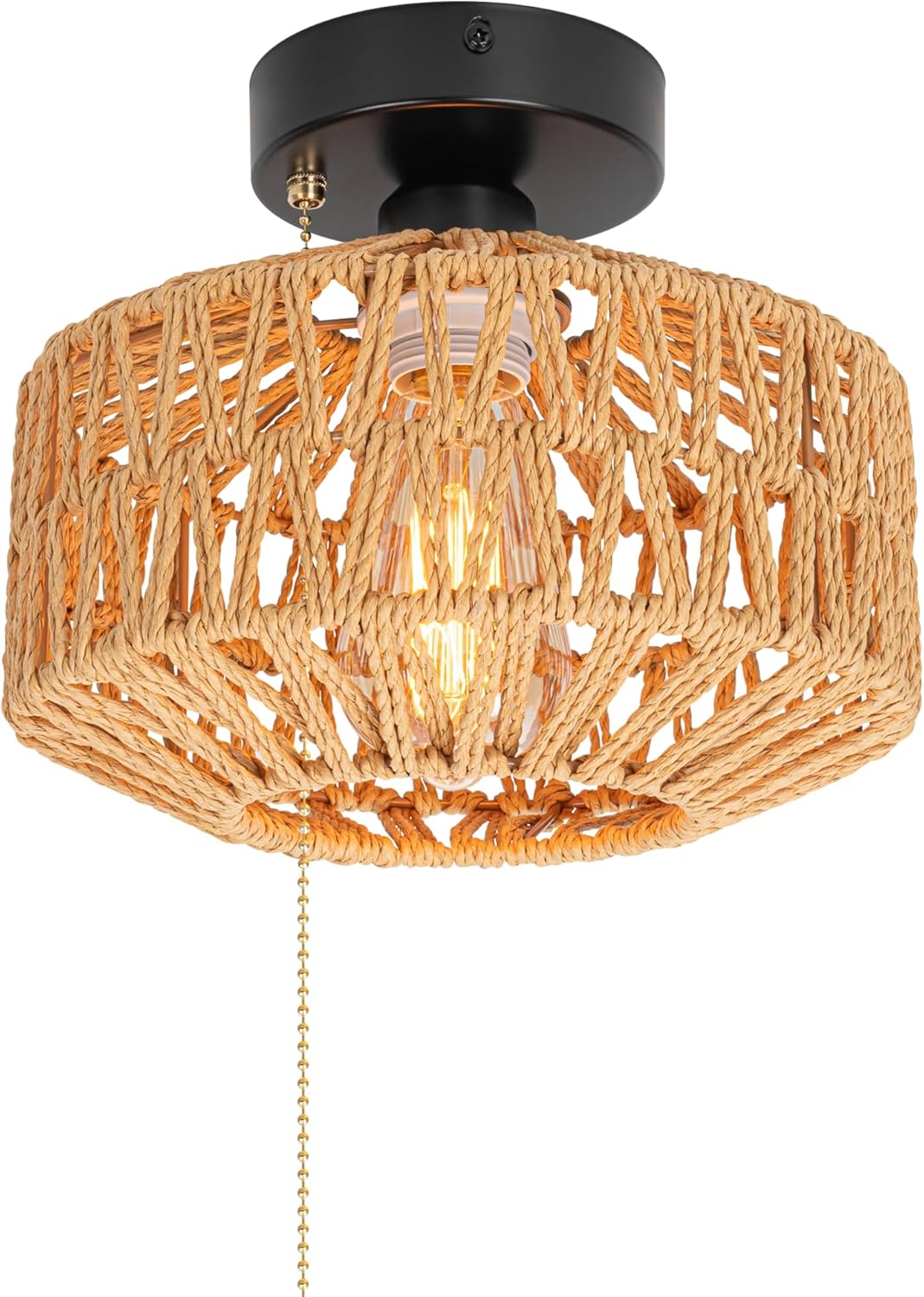 12V RV Hardwired Hand-Woven Boho Light Fixtures, Zipper Switch Wicker Rattan Dome Shape Cover, Replaceable 2700K Bulb Included Semi Flush Mount Interior Lighting Decorative for Camper